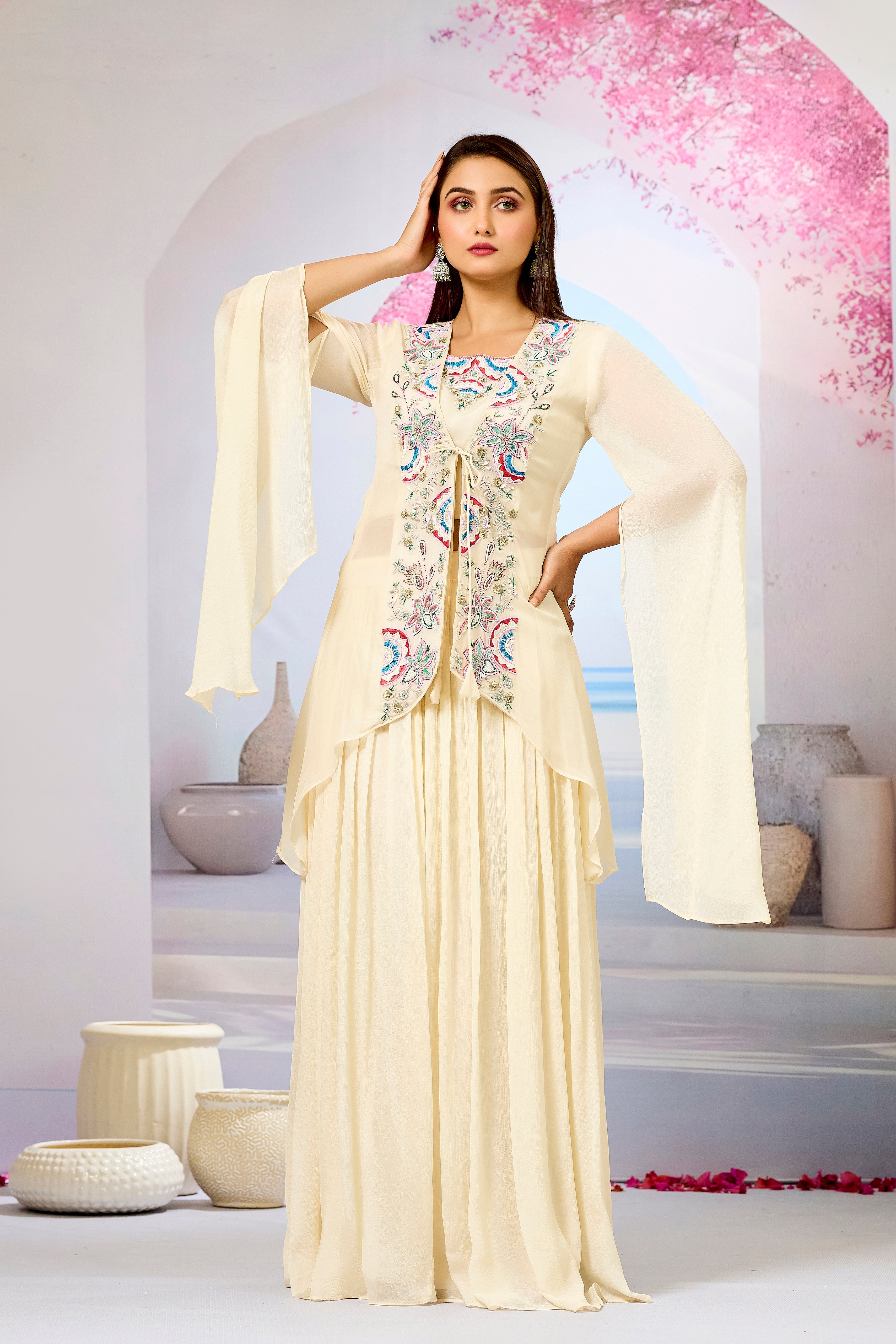 Cream Embellished Organza Silk Cape Set