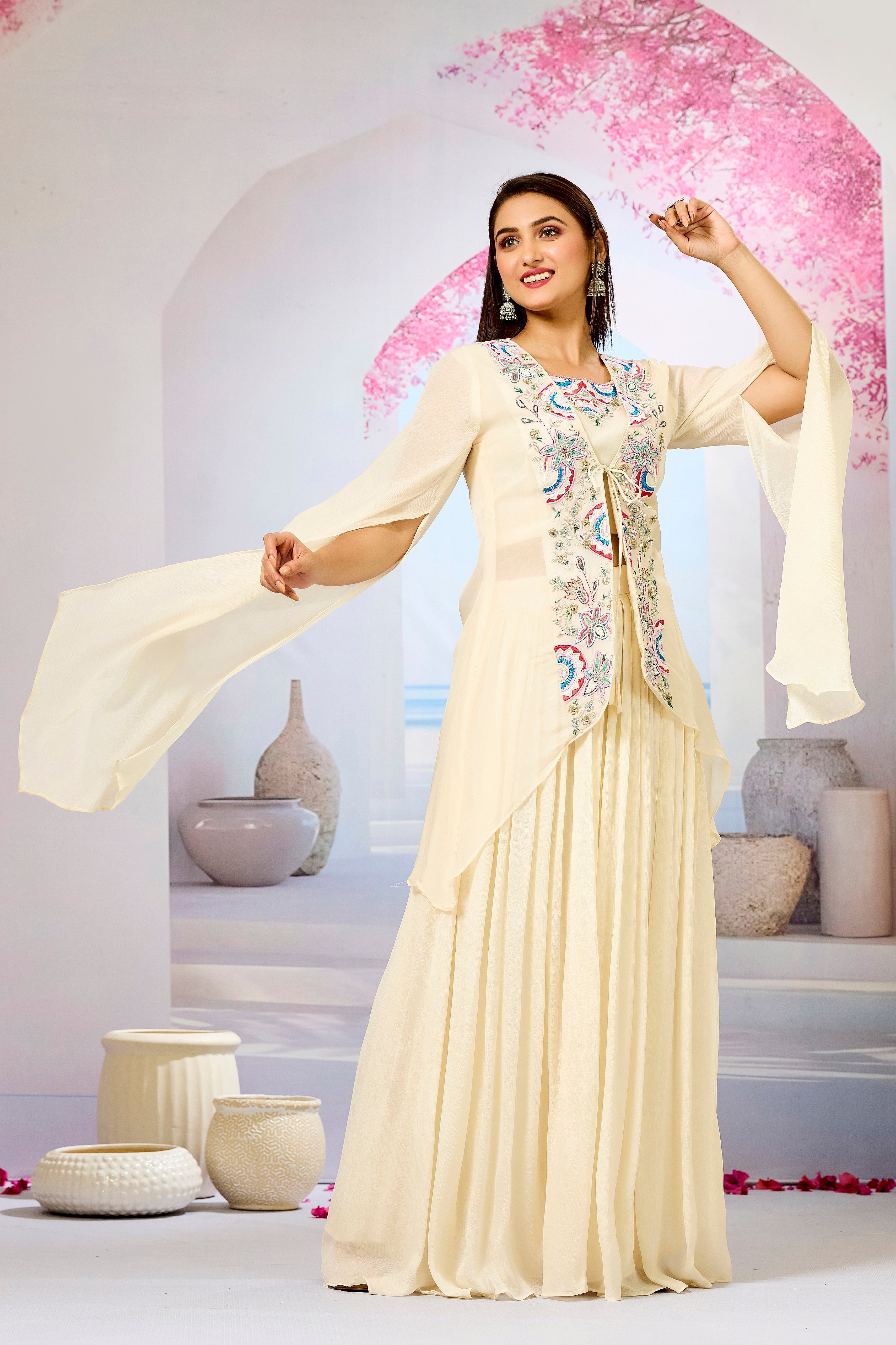 Cream Embellished Organza Silk Cape Set