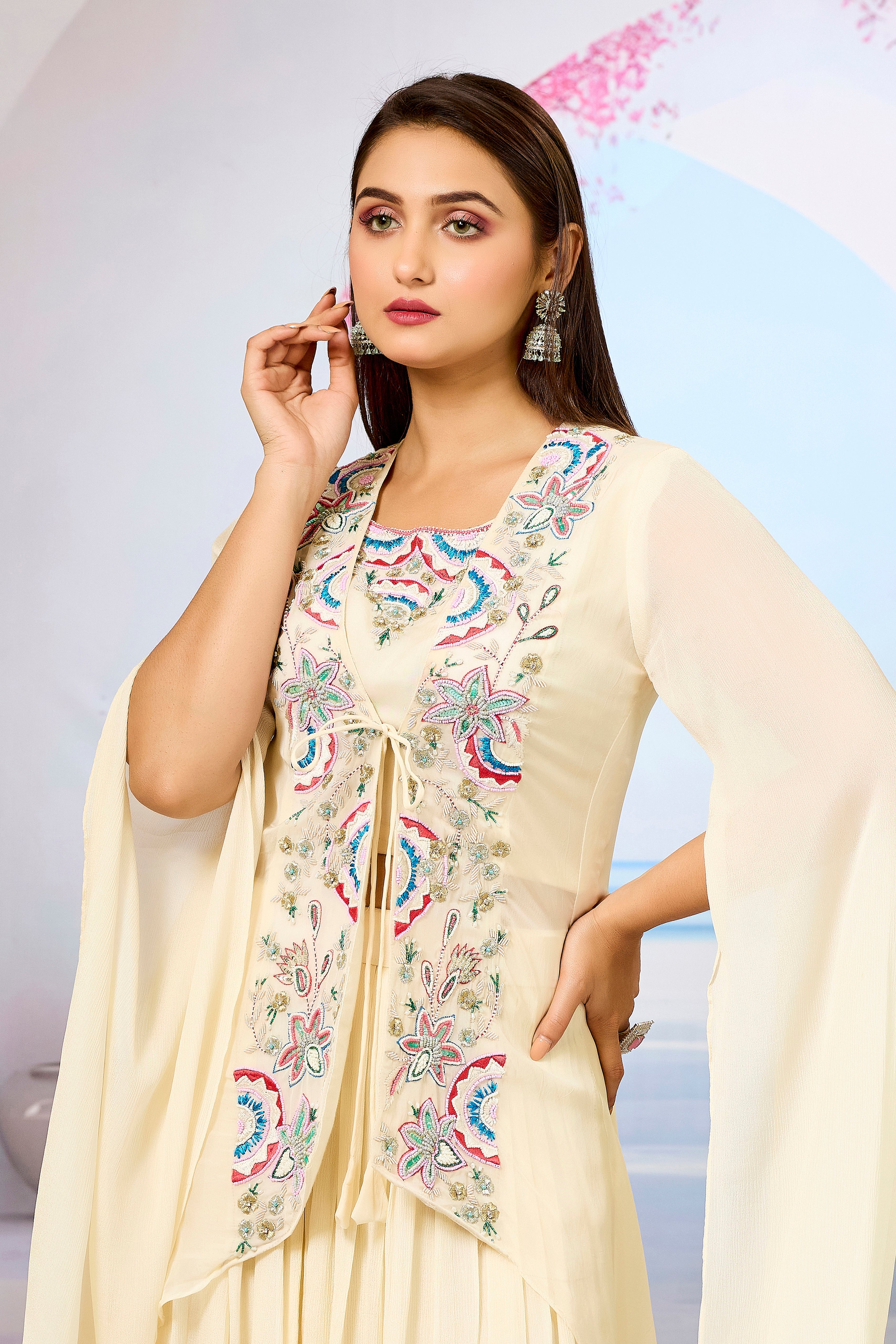 Cream Embellished Organza Silk Cape Set