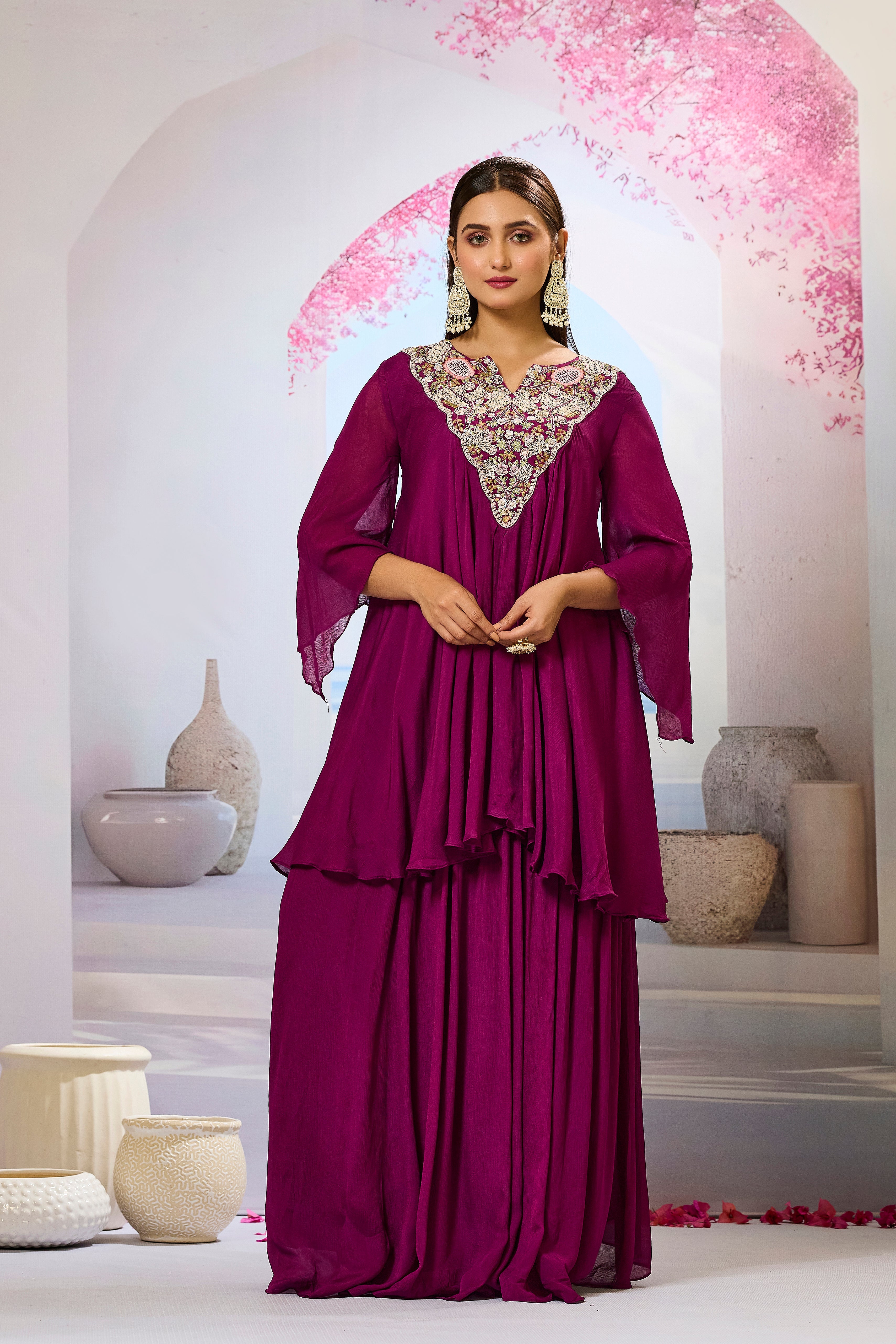 Wine Embellished Chinon Silk Skirt Set