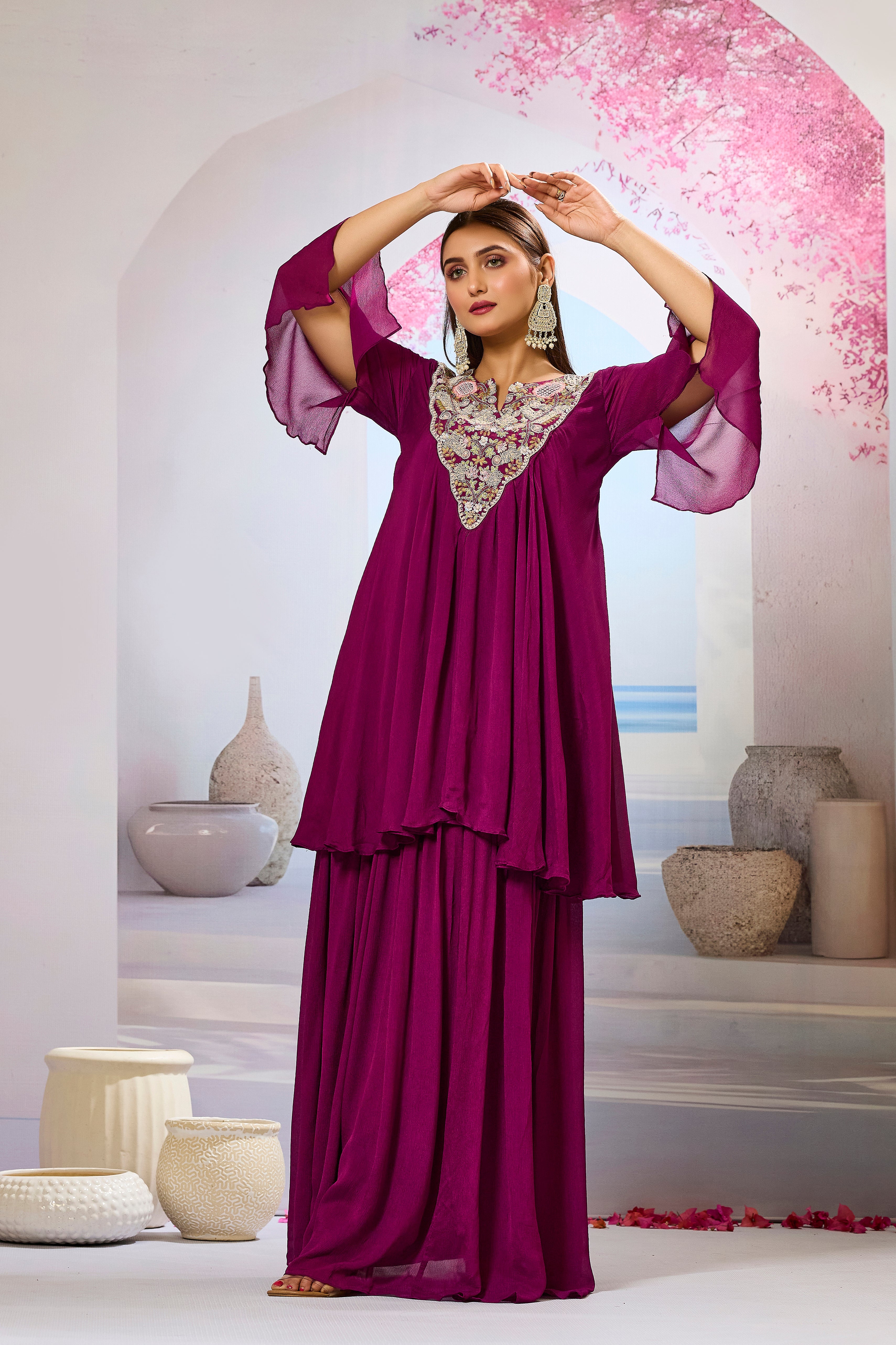 Wine Embellished Chinon Silk Skirt Set