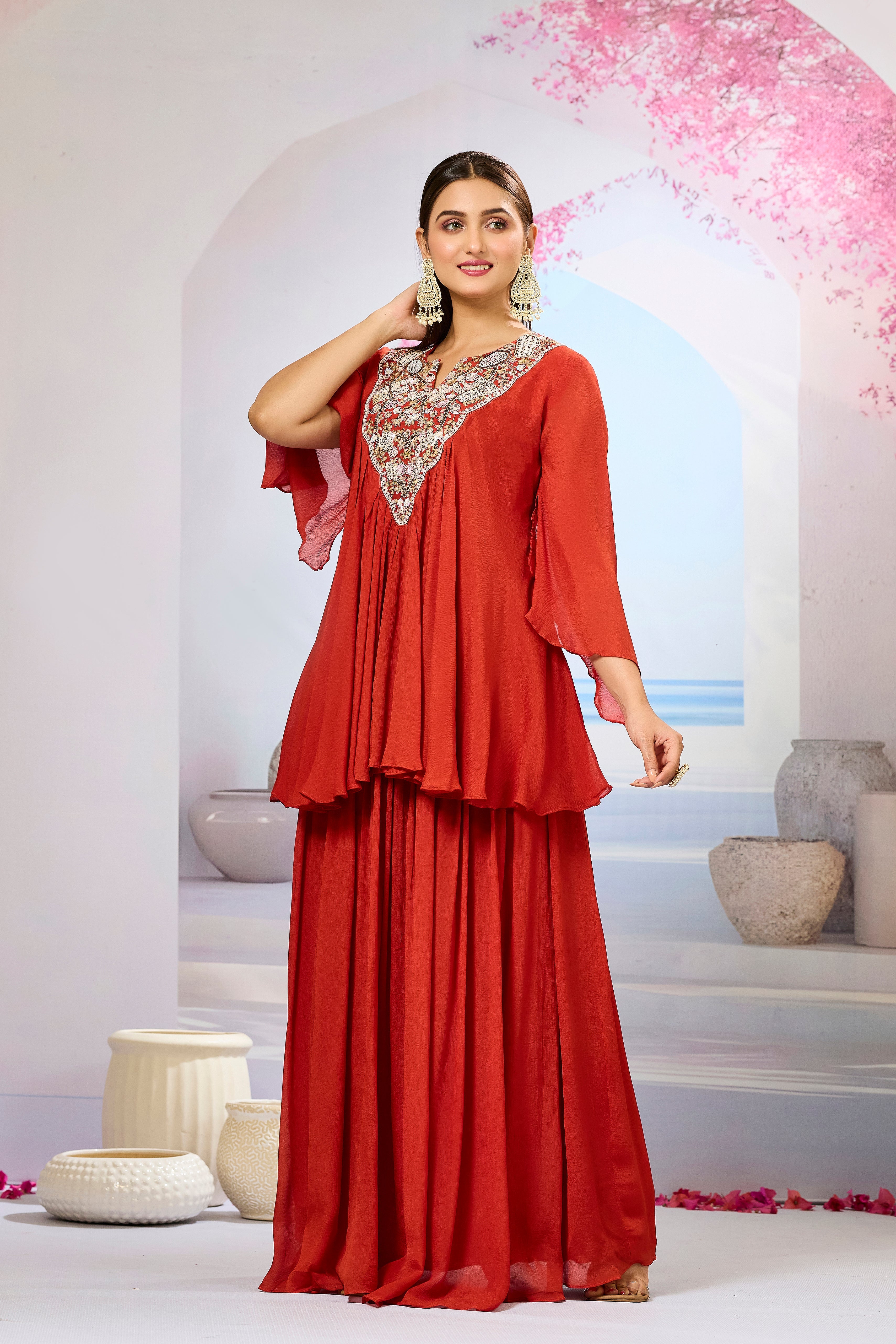 Maroon Embellished Chinon Silk Skirt Set