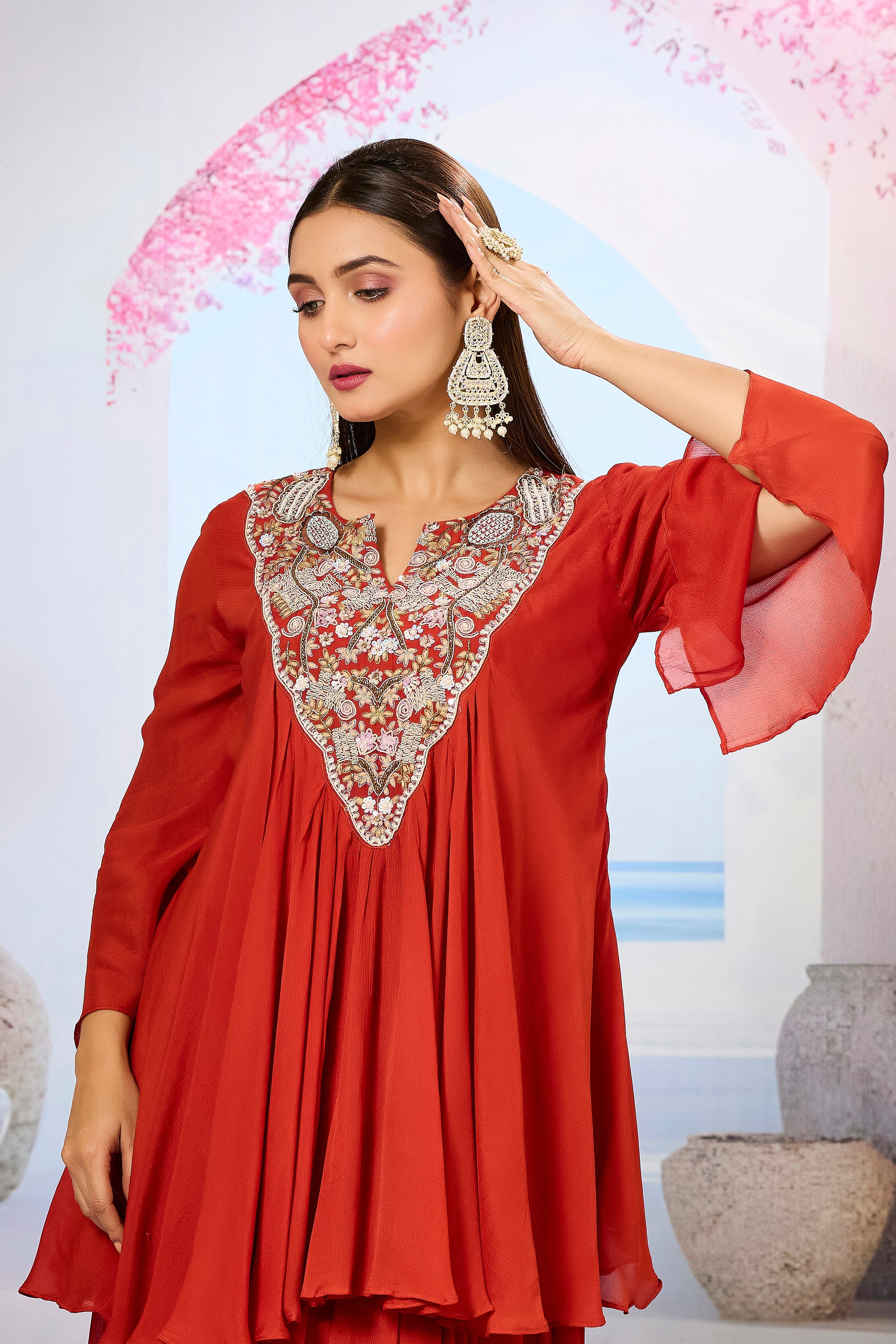 Maroon Embellished Chinon Silk Skirt Set