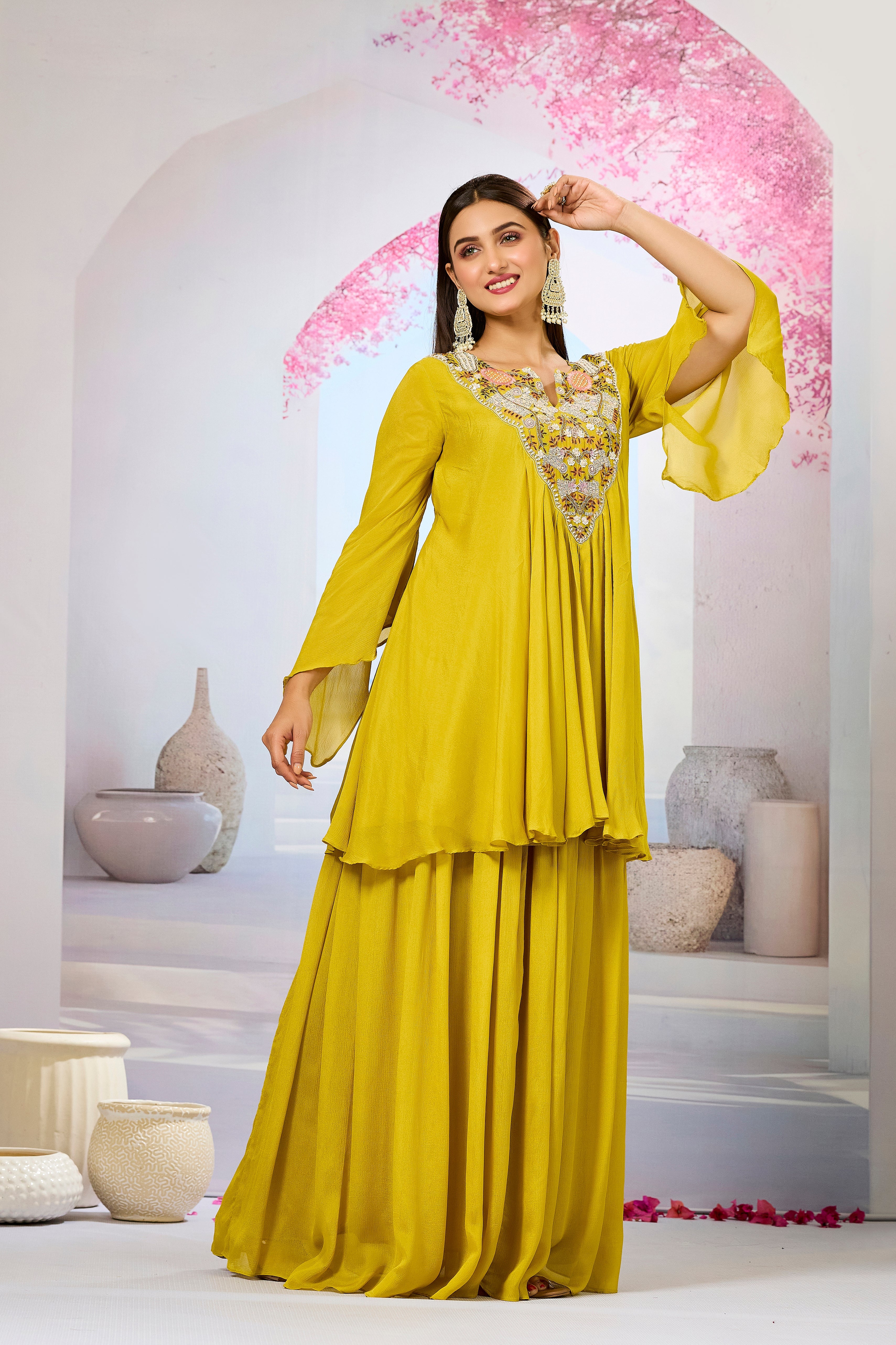 Mustard Embellished Chinon Silk Skirt Set