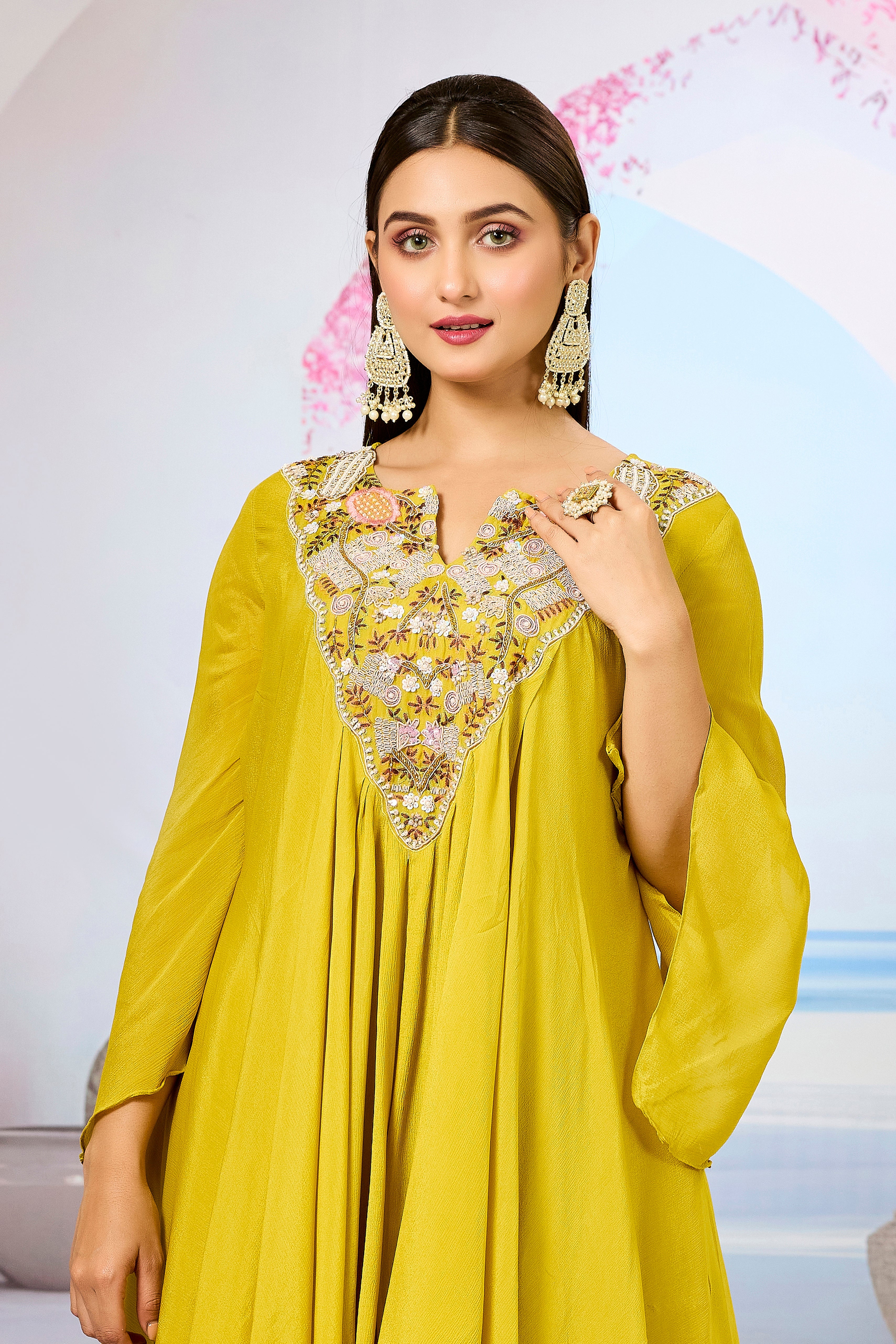 Mustard Embellished Chinon Silk Skirt Set