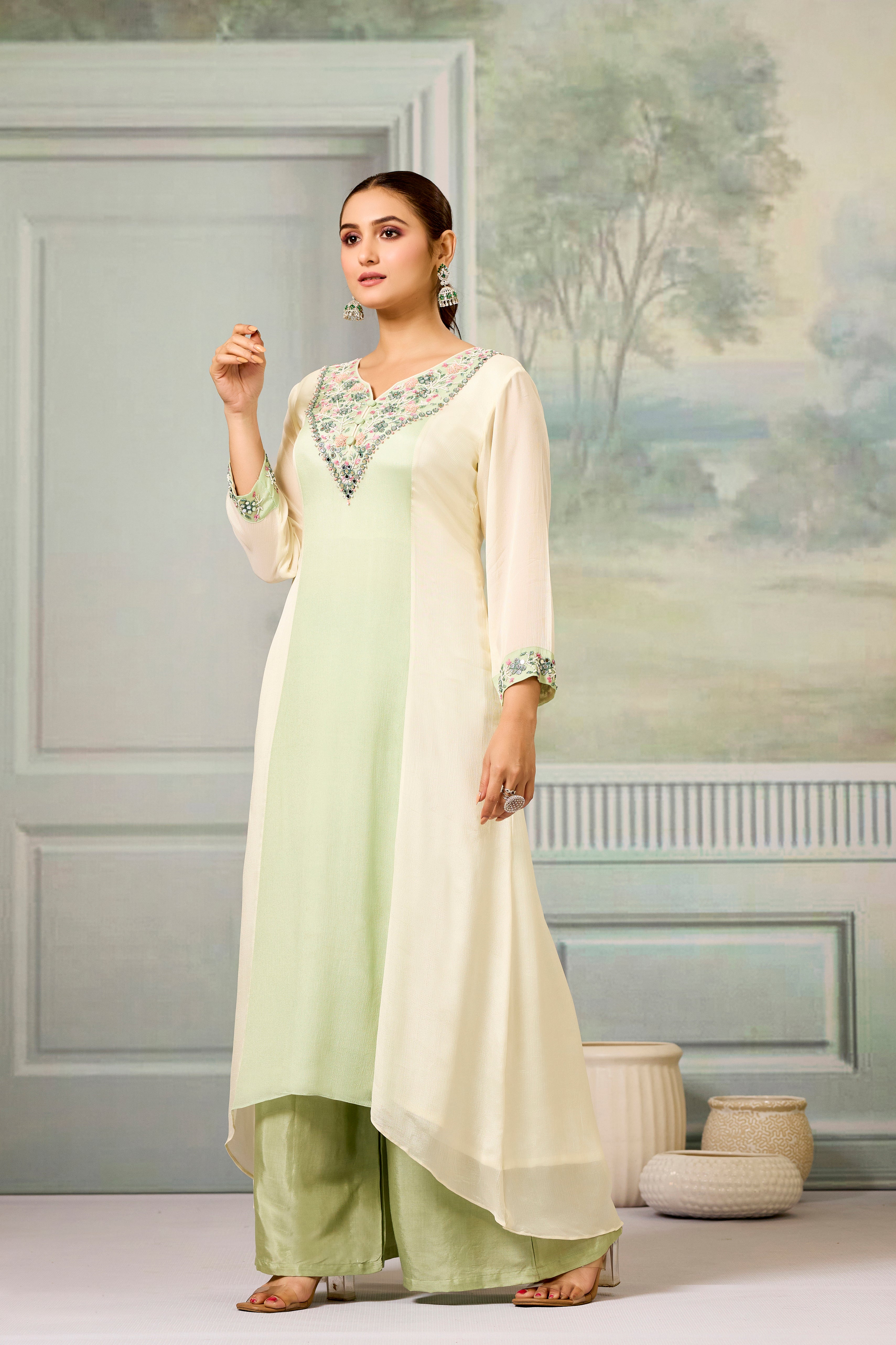 Cream Green Handwork Chinon Silk Palazzo Set