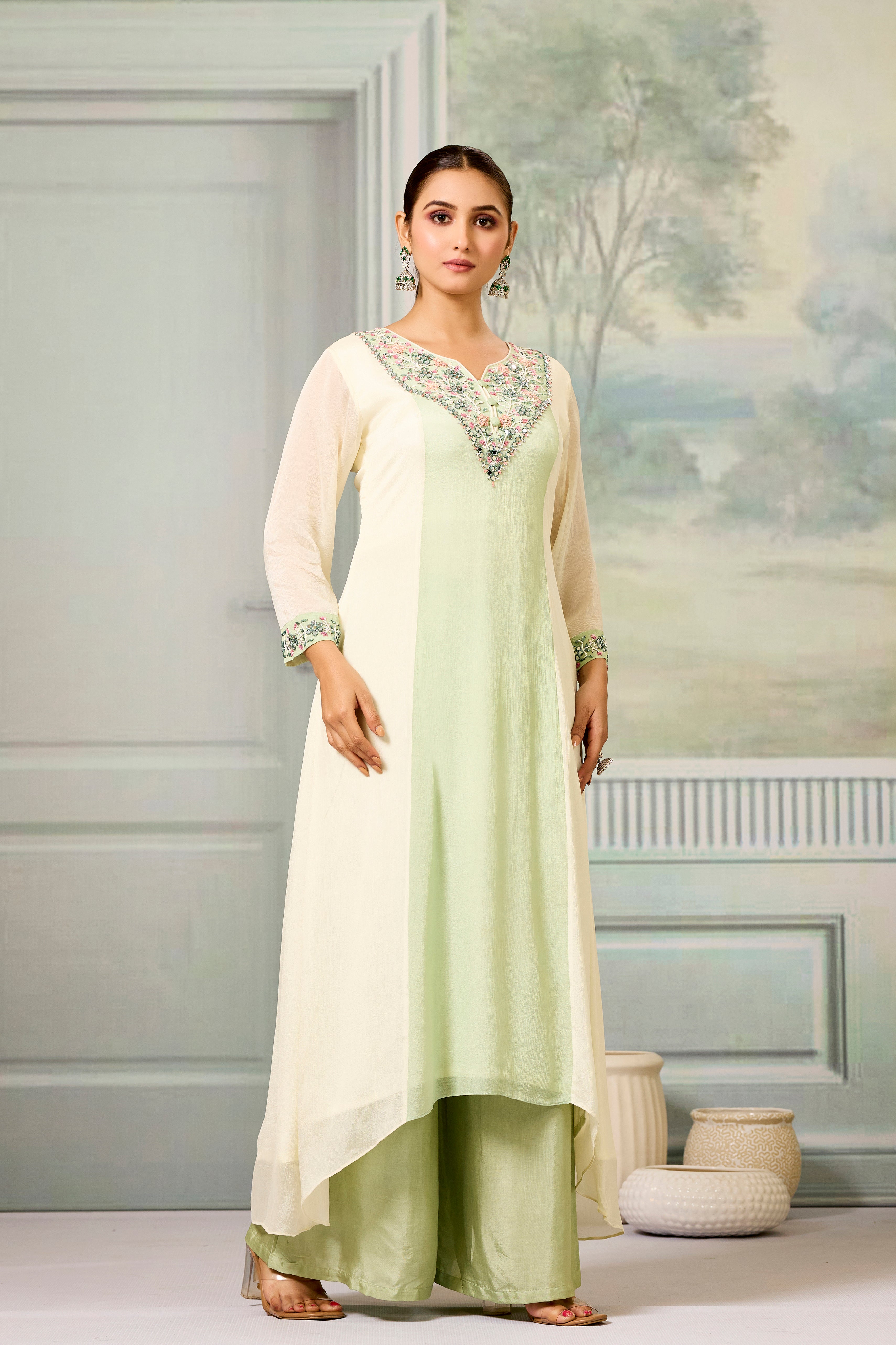 Cream Green Handwork Chinon Silk Palazzo Set