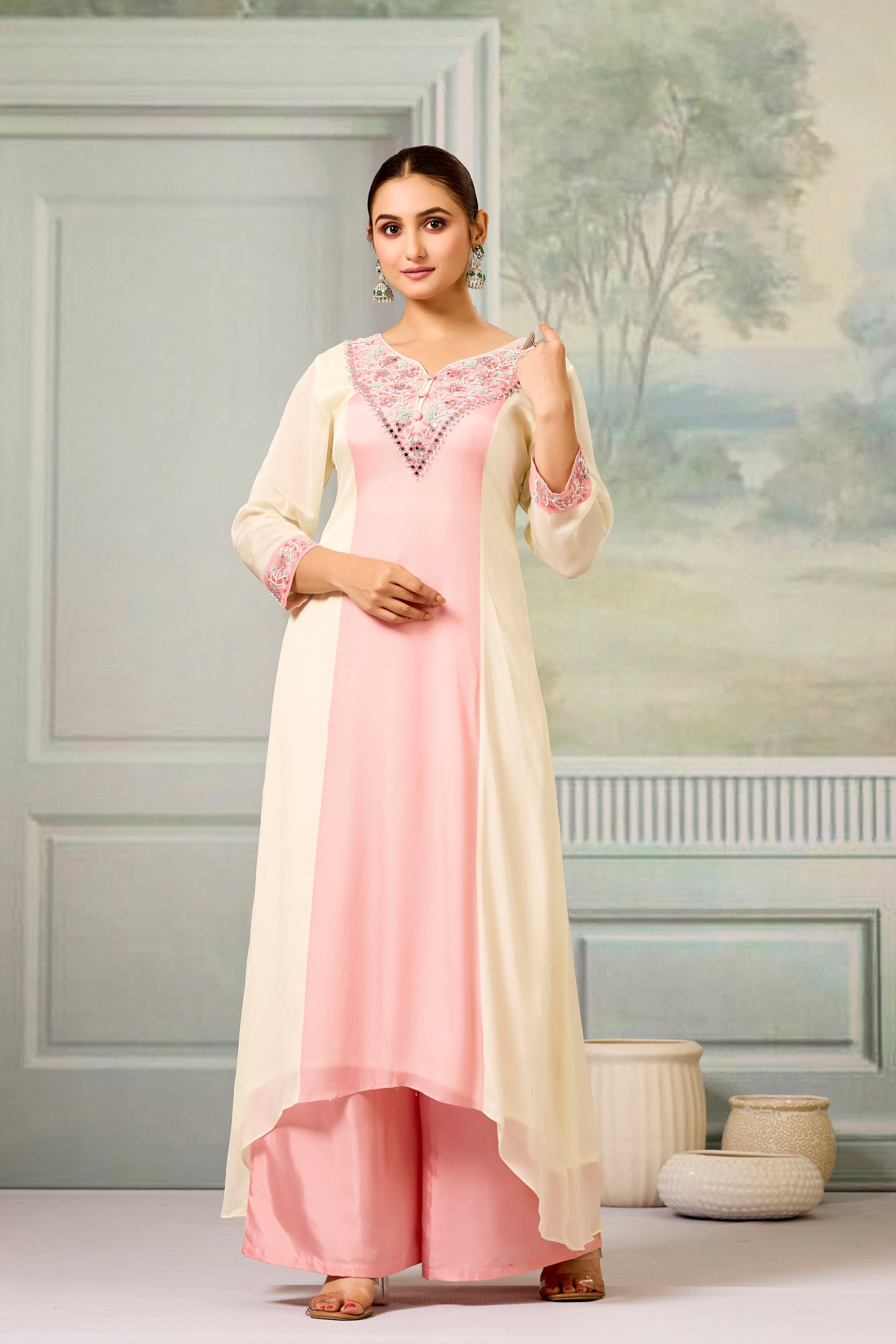 Cream Peach Handwork Chinon Silk Palazzo Set