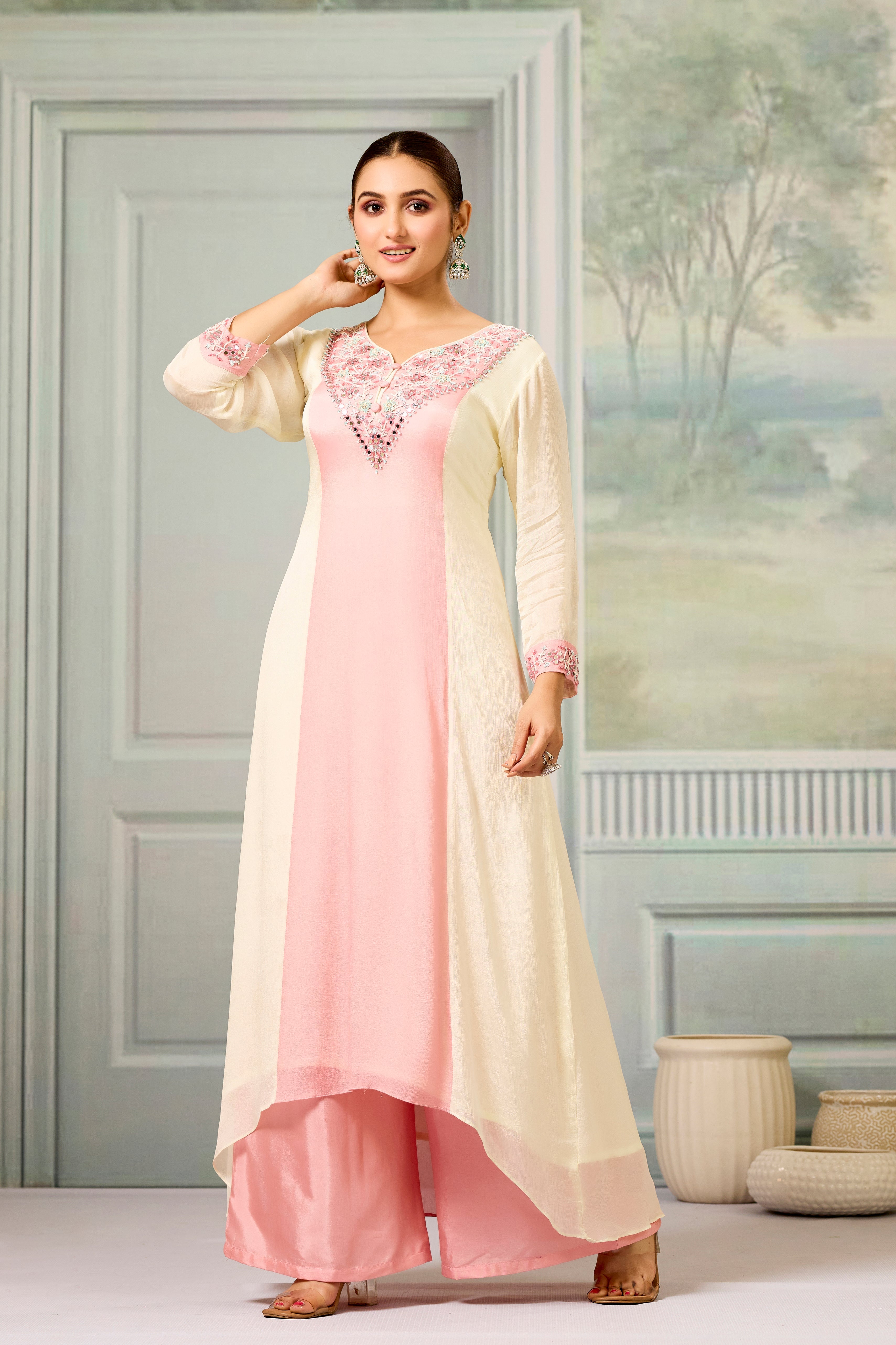 Cream Peach Handwork Chinon Silk Palazzo Set