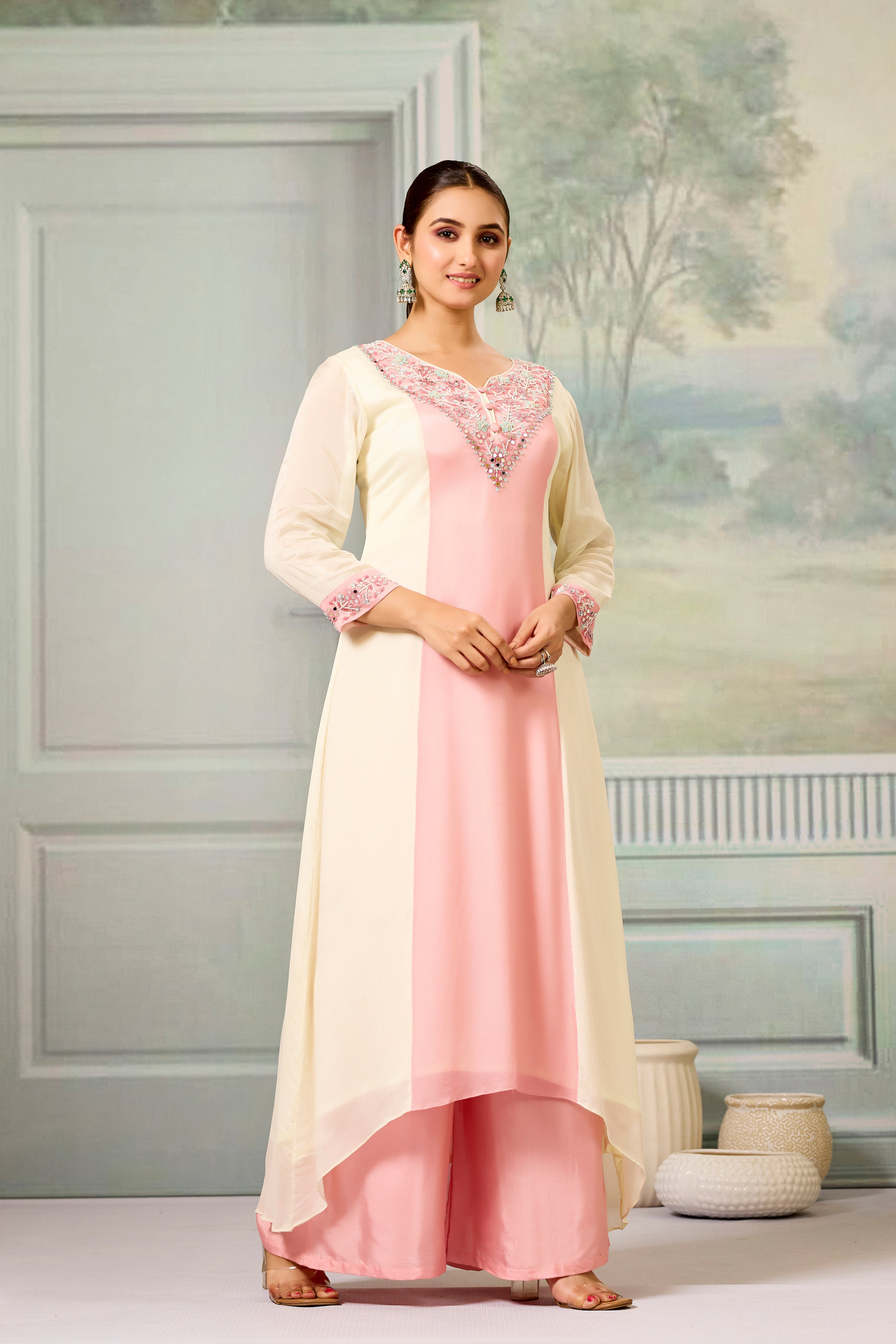 Cream Peach Handwork Chinon Silk Palazzo Set