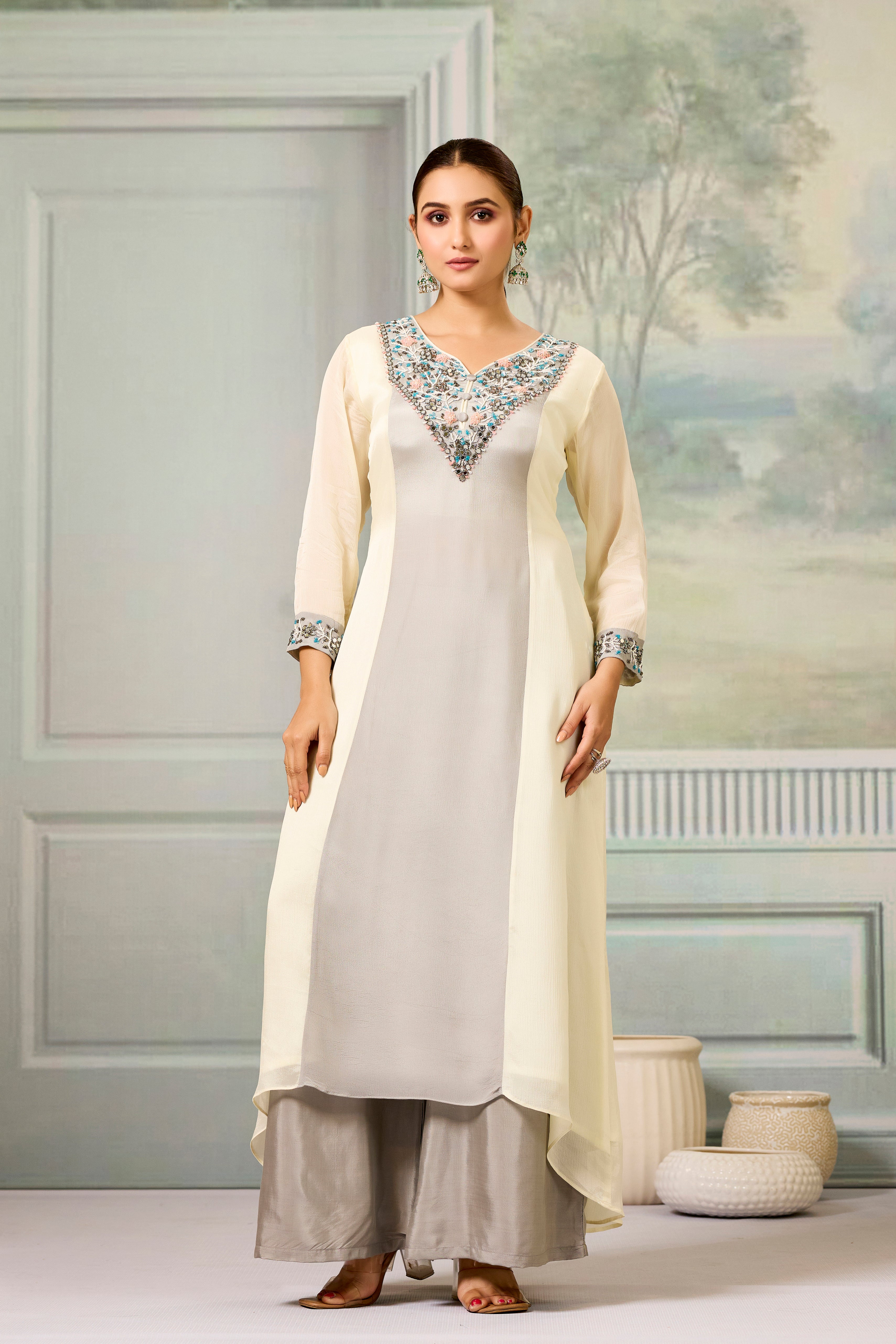 Cream Grey Handwork Chinon Silk Palazzo Set