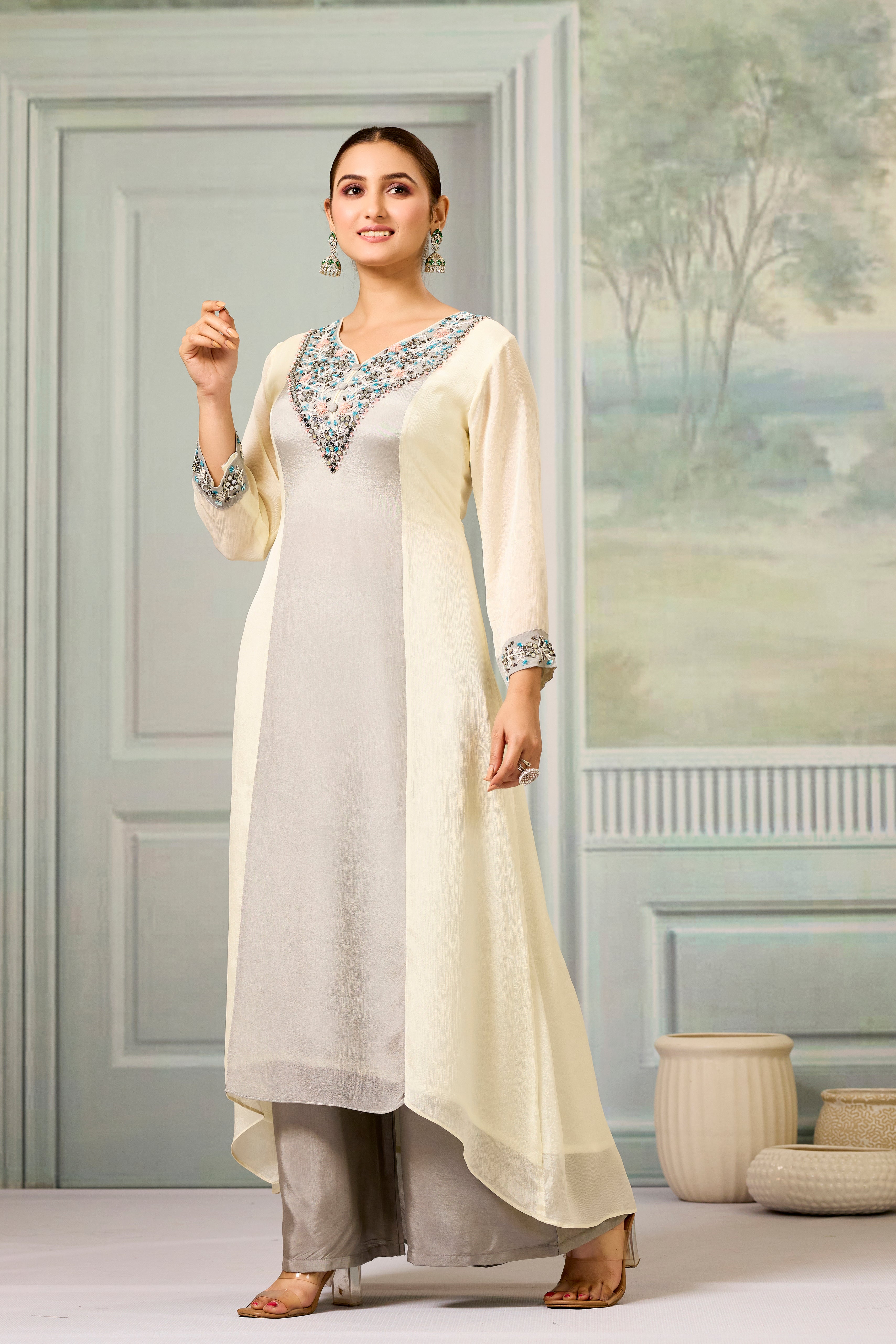Cream Grey Handwork Chinon Silk Palazzo Set