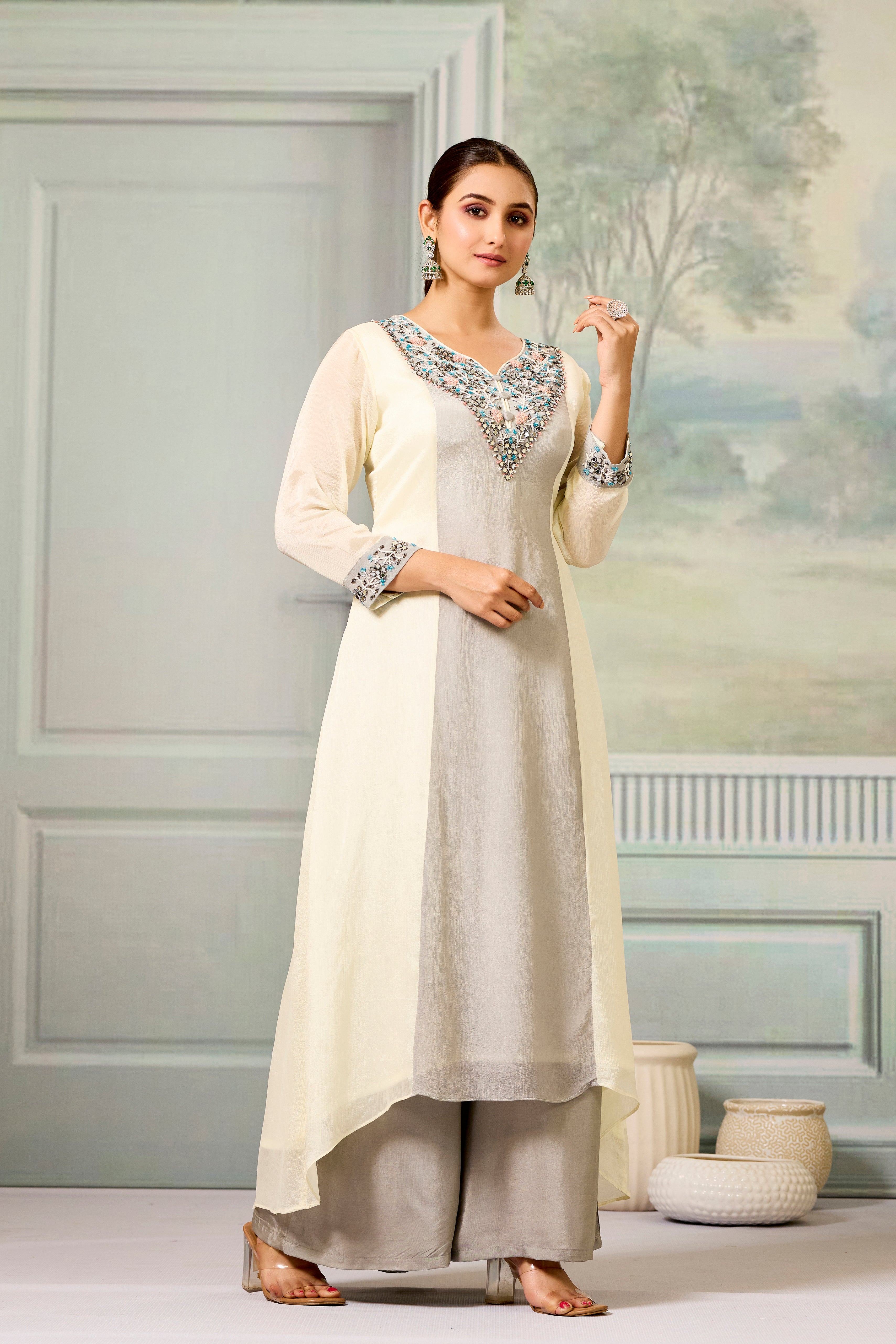 Cream Grey Handwork Chinon Silk Palazzo Set