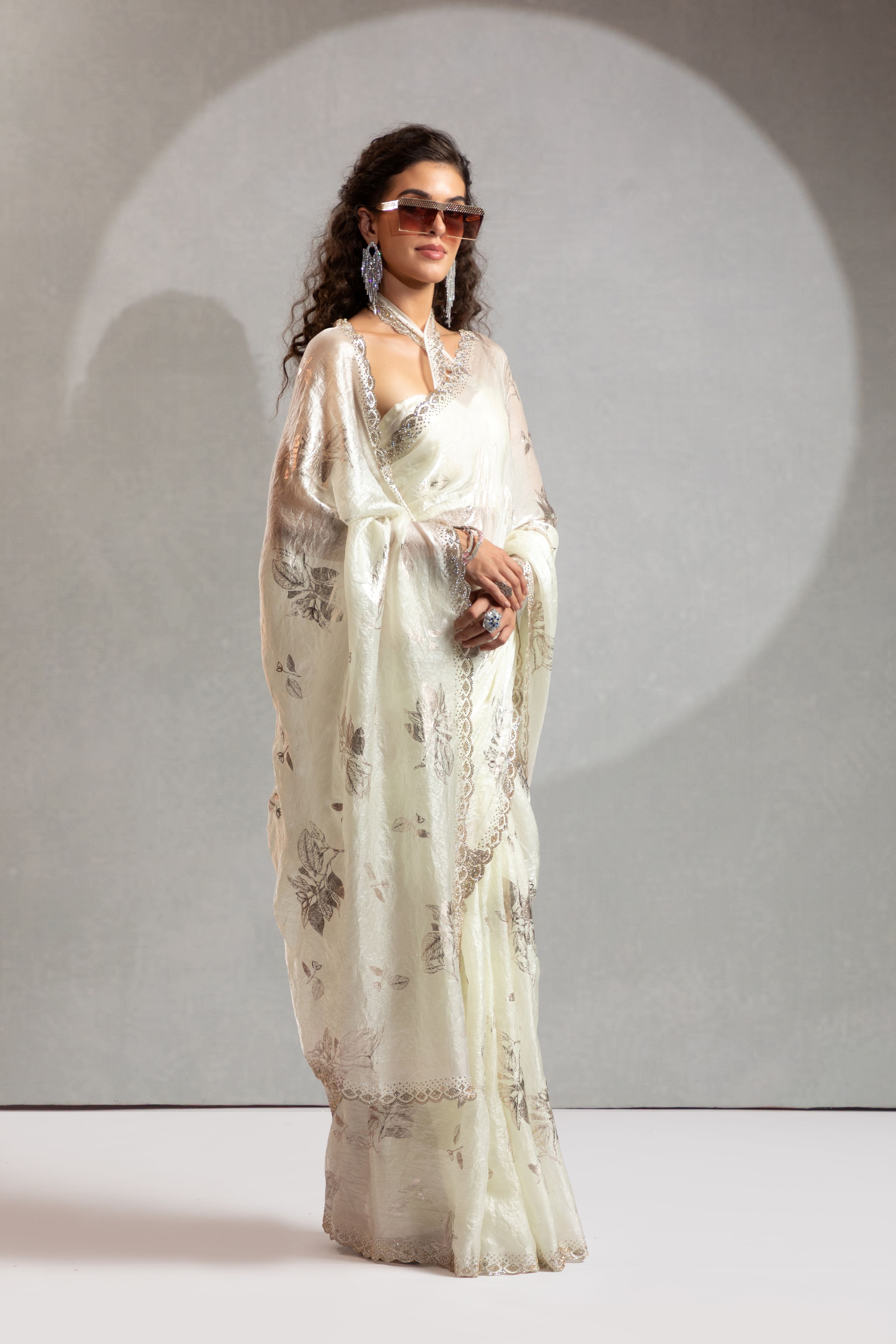 Ivory Shimmer Embellished Satin Silk Saree