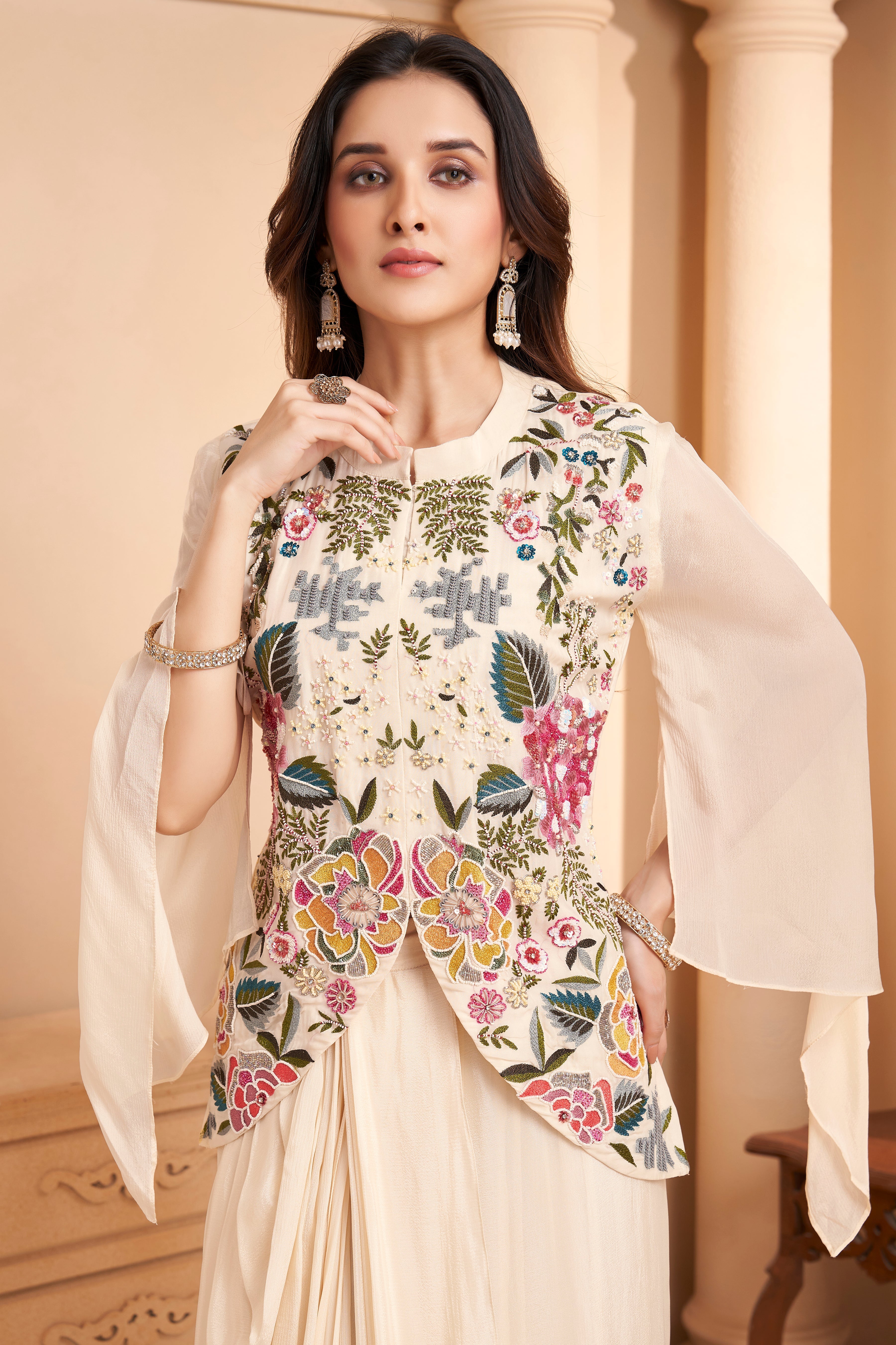 Ivory White Embellished Chinon Silk Skirt Set