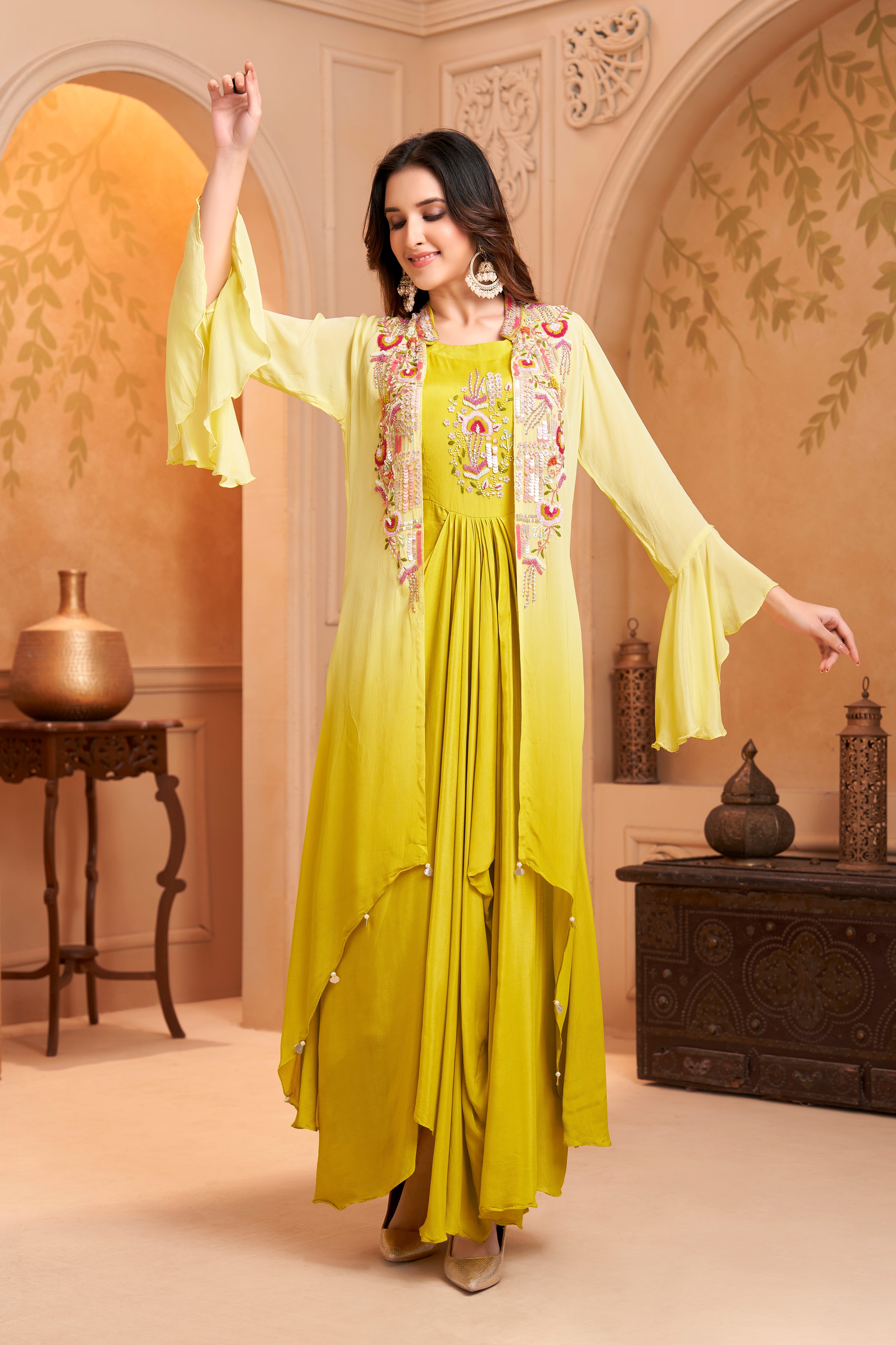 Lime Yellow Ombre Embellished Chinon Silk Dress