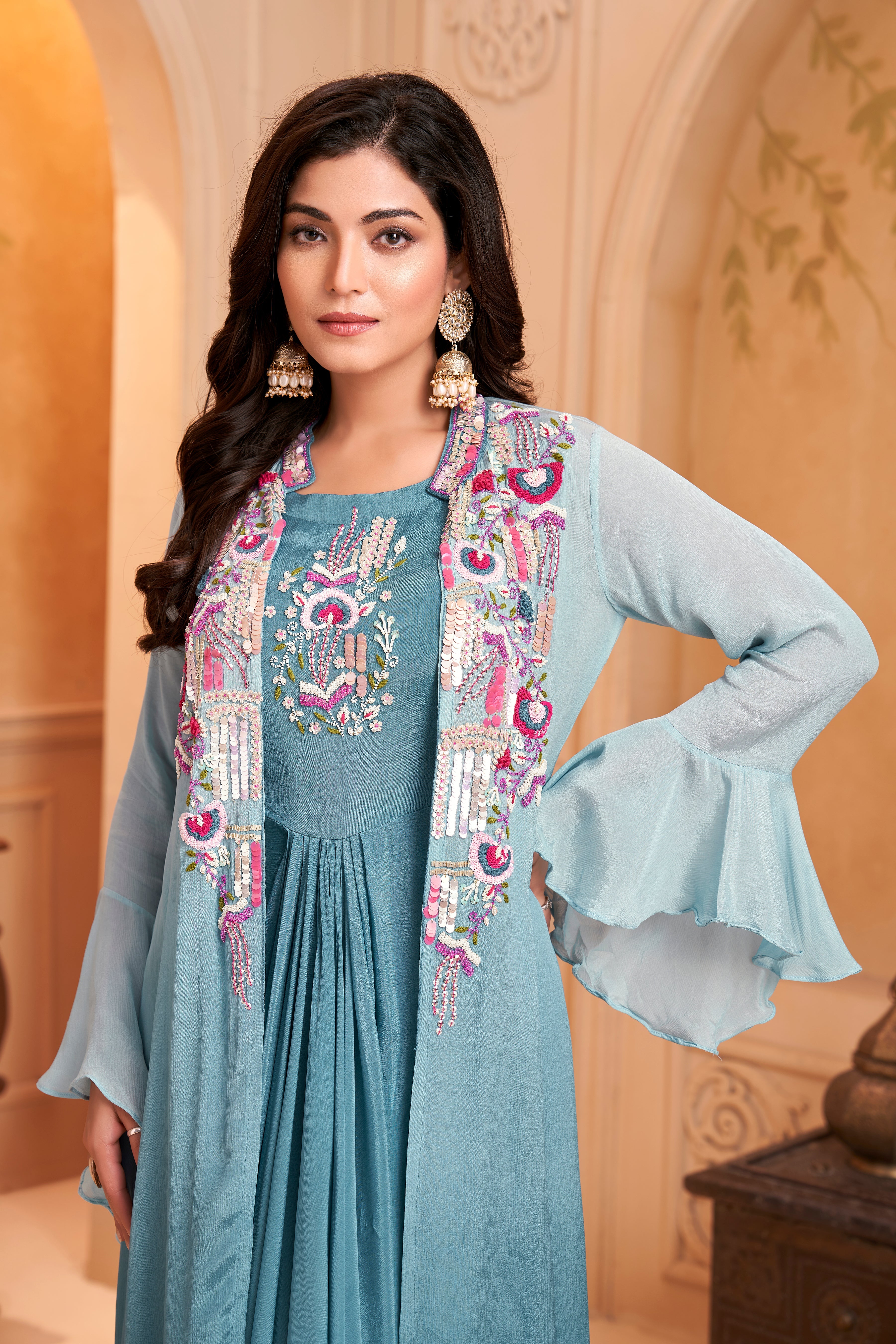 Dusty Blue Ombre Embellished Chinon Silk Dress