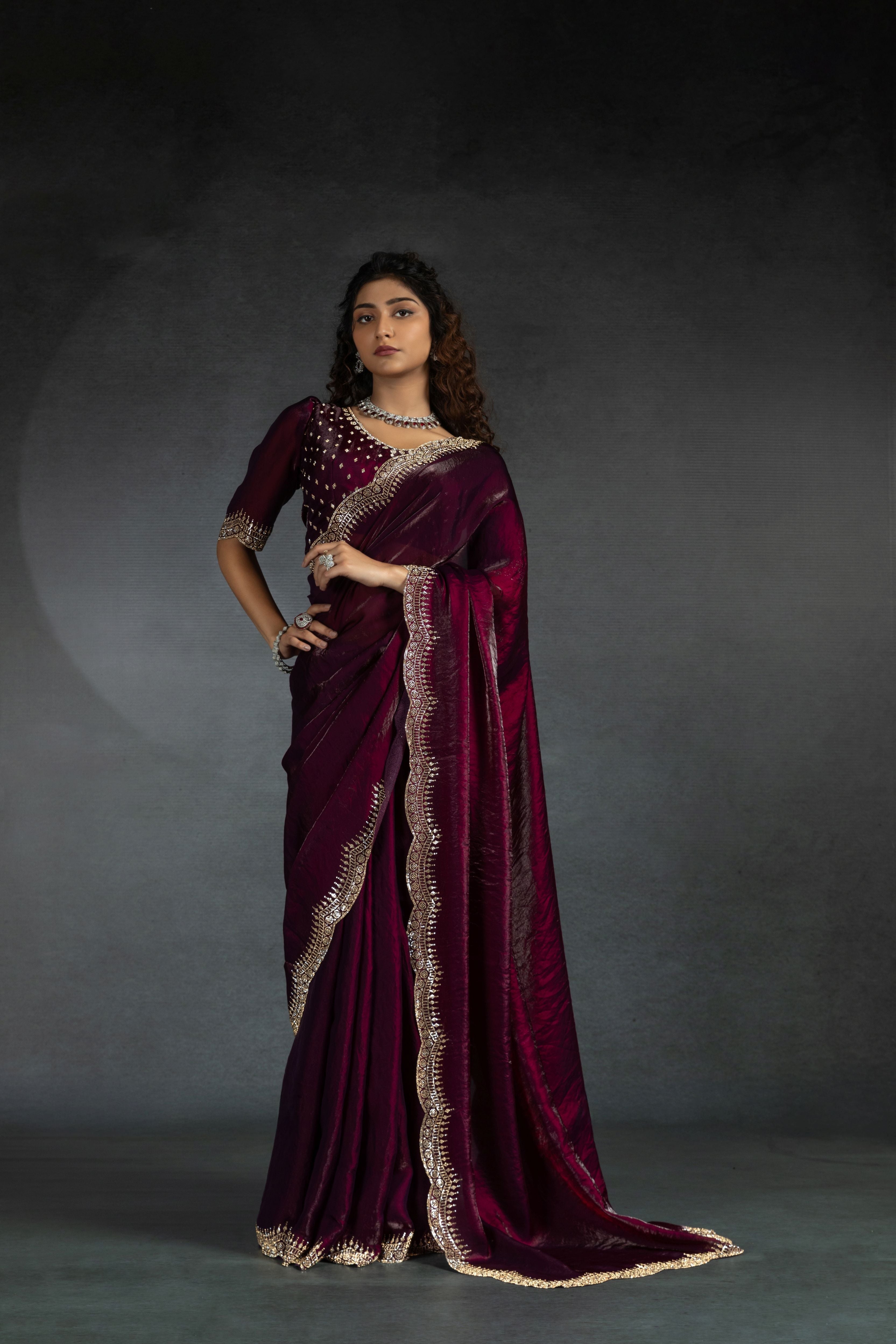 Deep Wine Embellished Satin Silk Saree