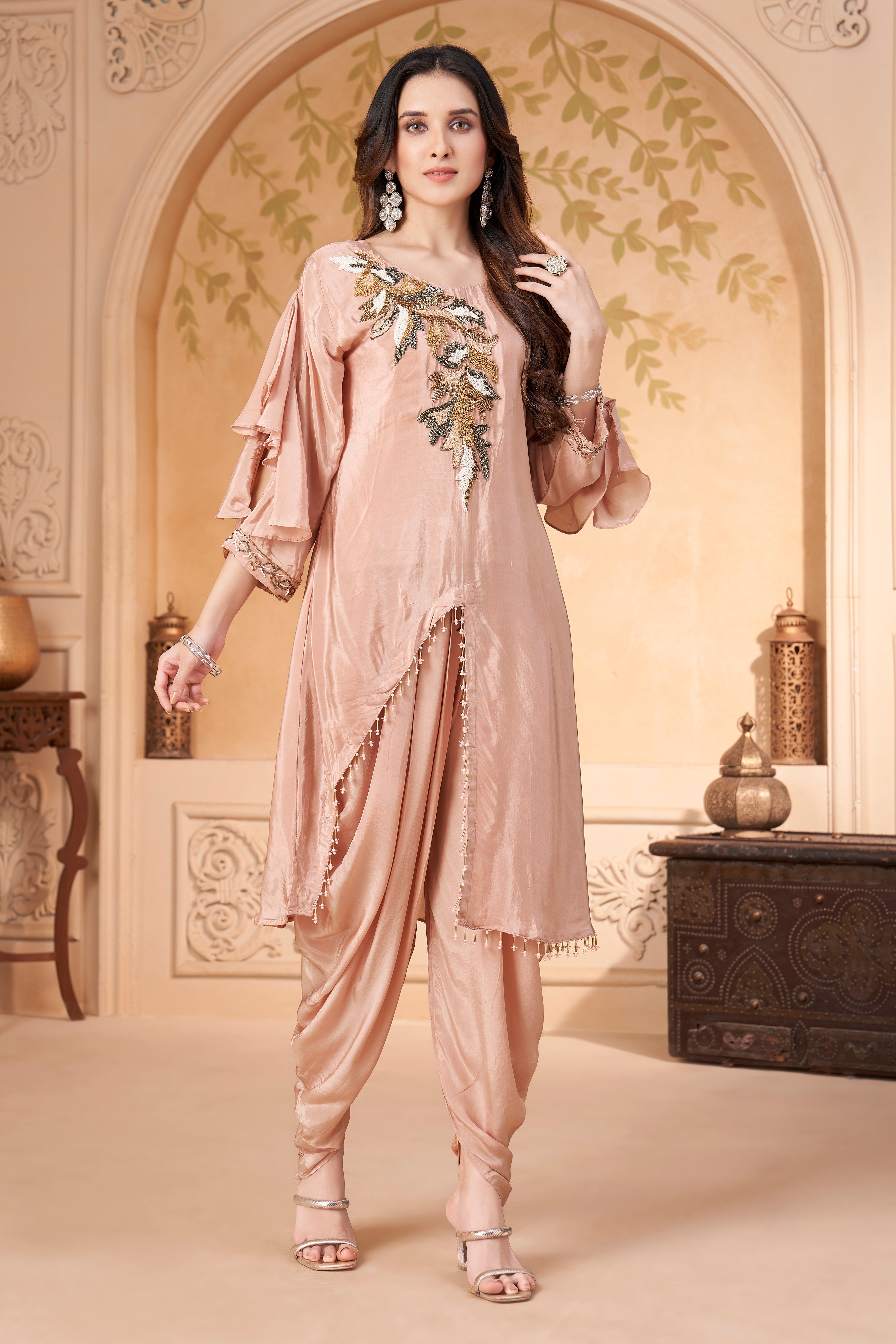 Nude Pink Embellished Crepe Silk Dhoti Set