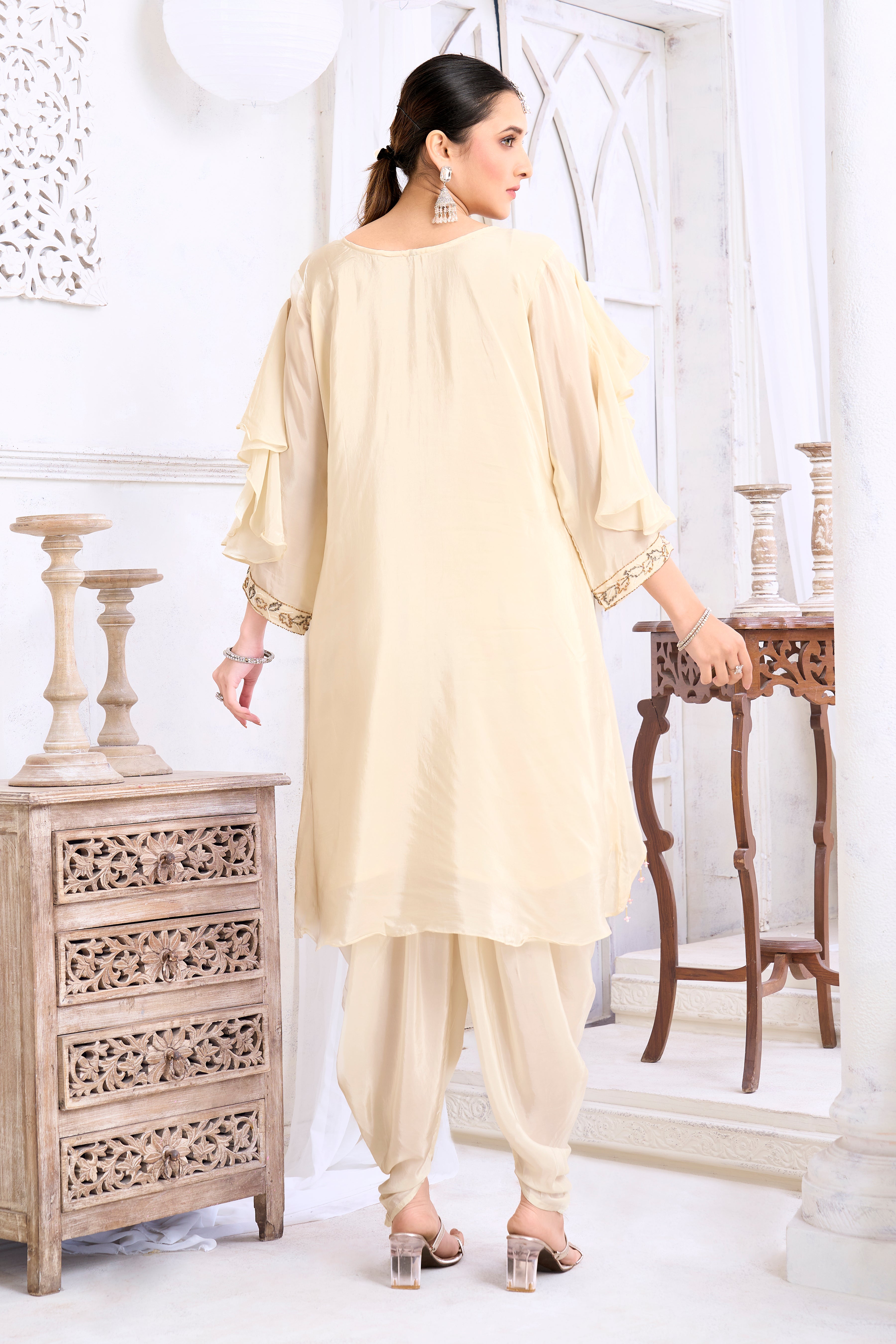 Off-White Embellished Crepe Silk Dhoti Set