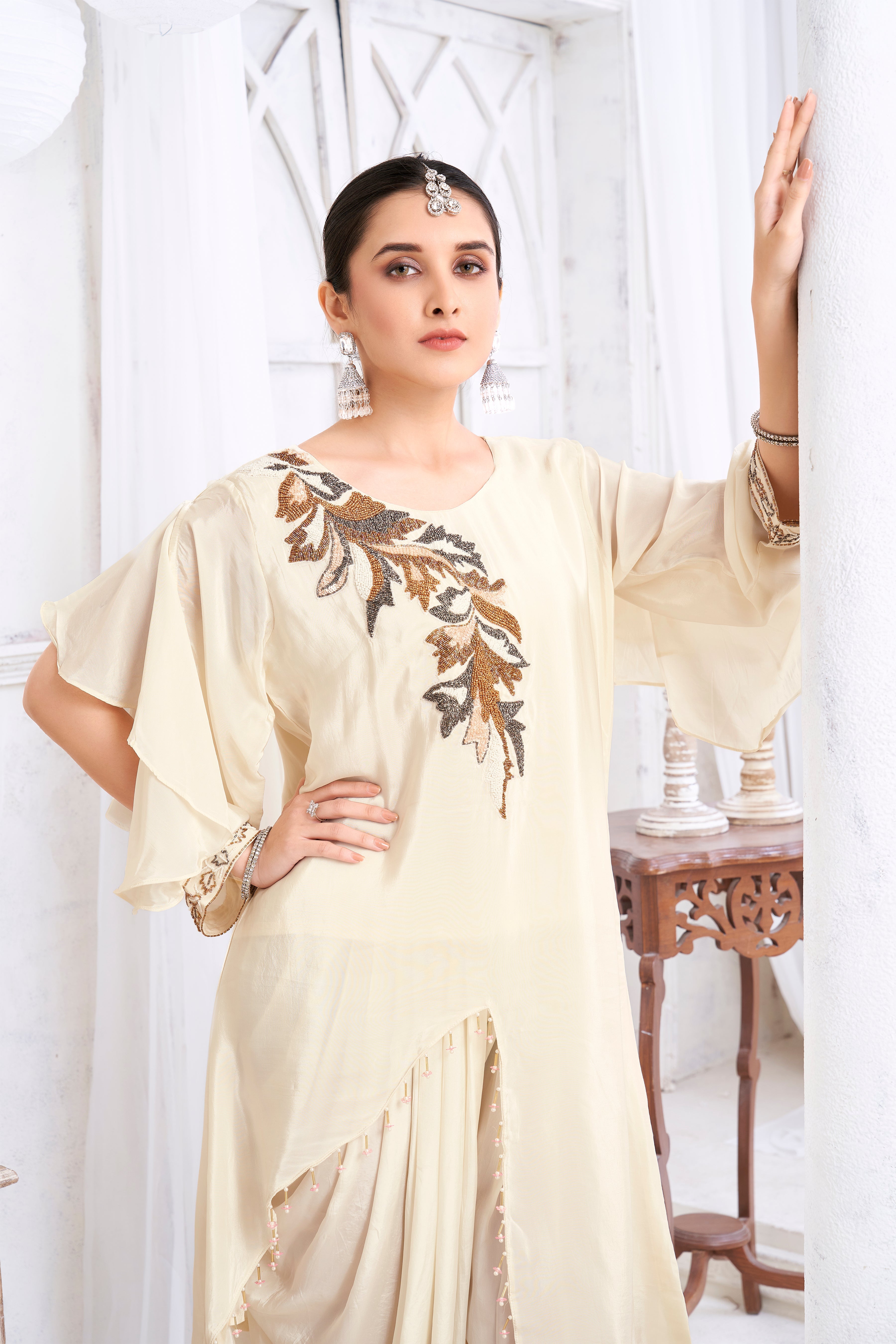 Off-White Embellished Crepe Silk Dhoti Set