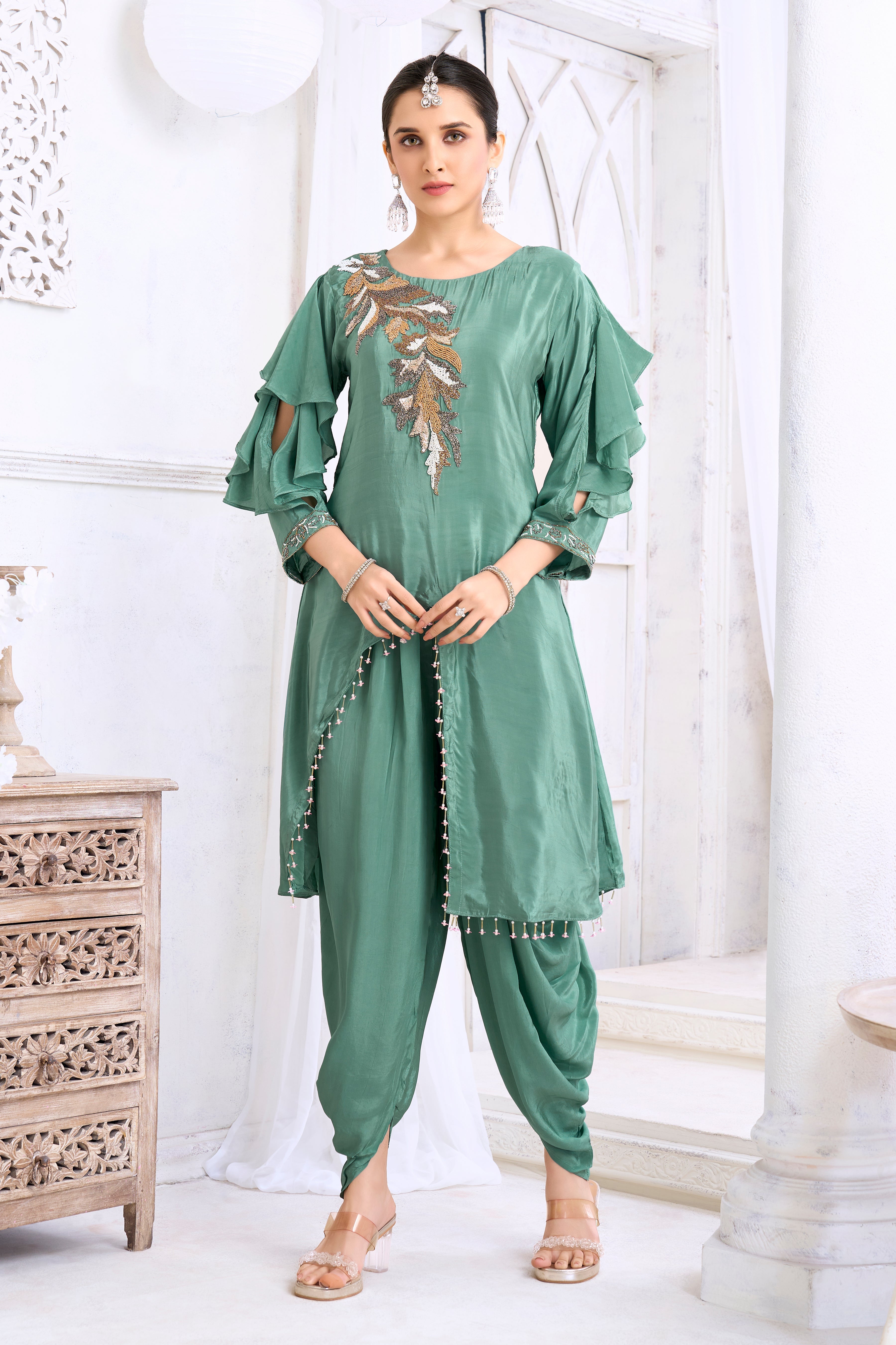 Sage Green Embellished Crepe Silk Dhoti Set