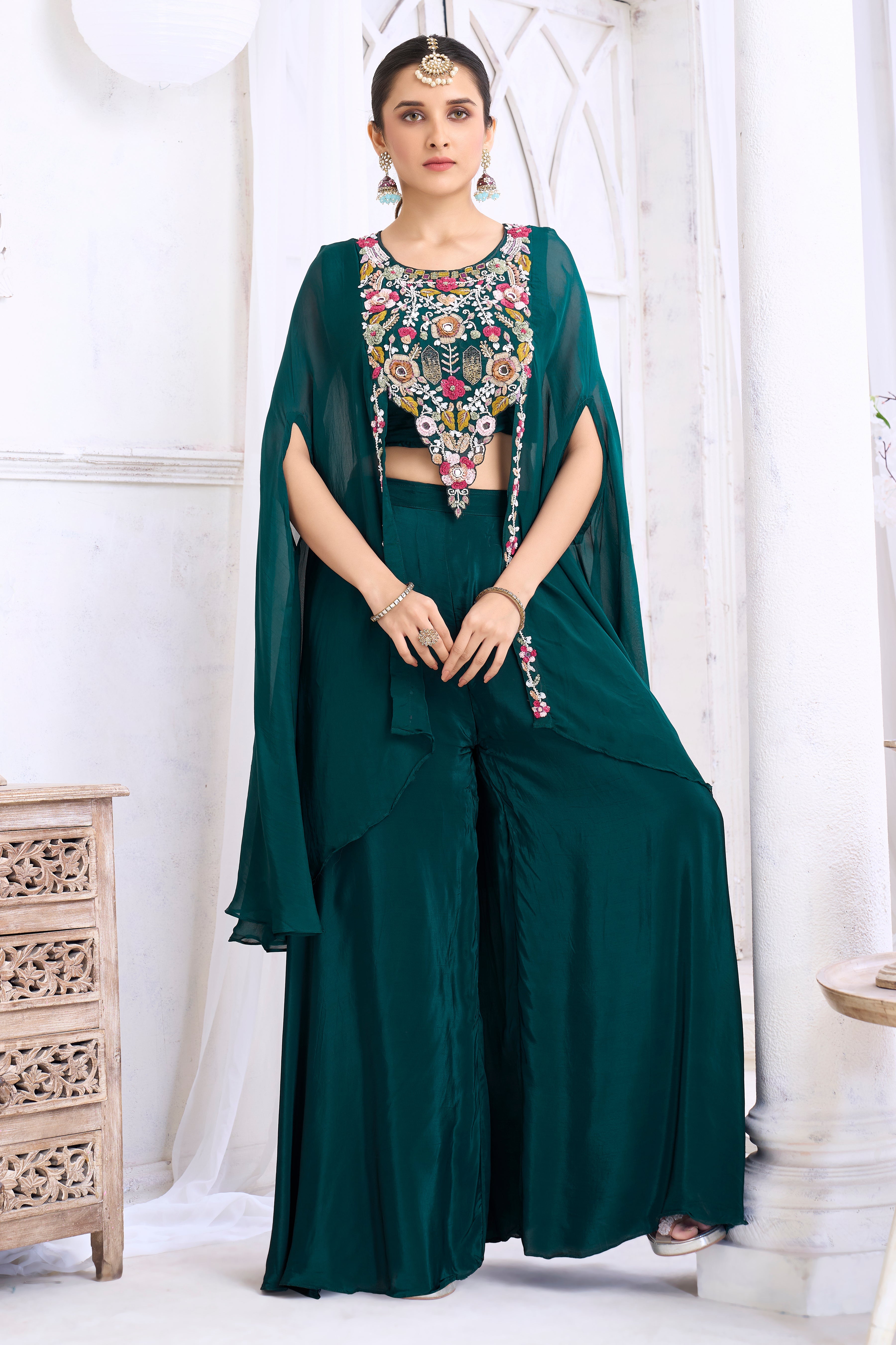 Deep Teal Embellished Crepe Silk Palazzo Set