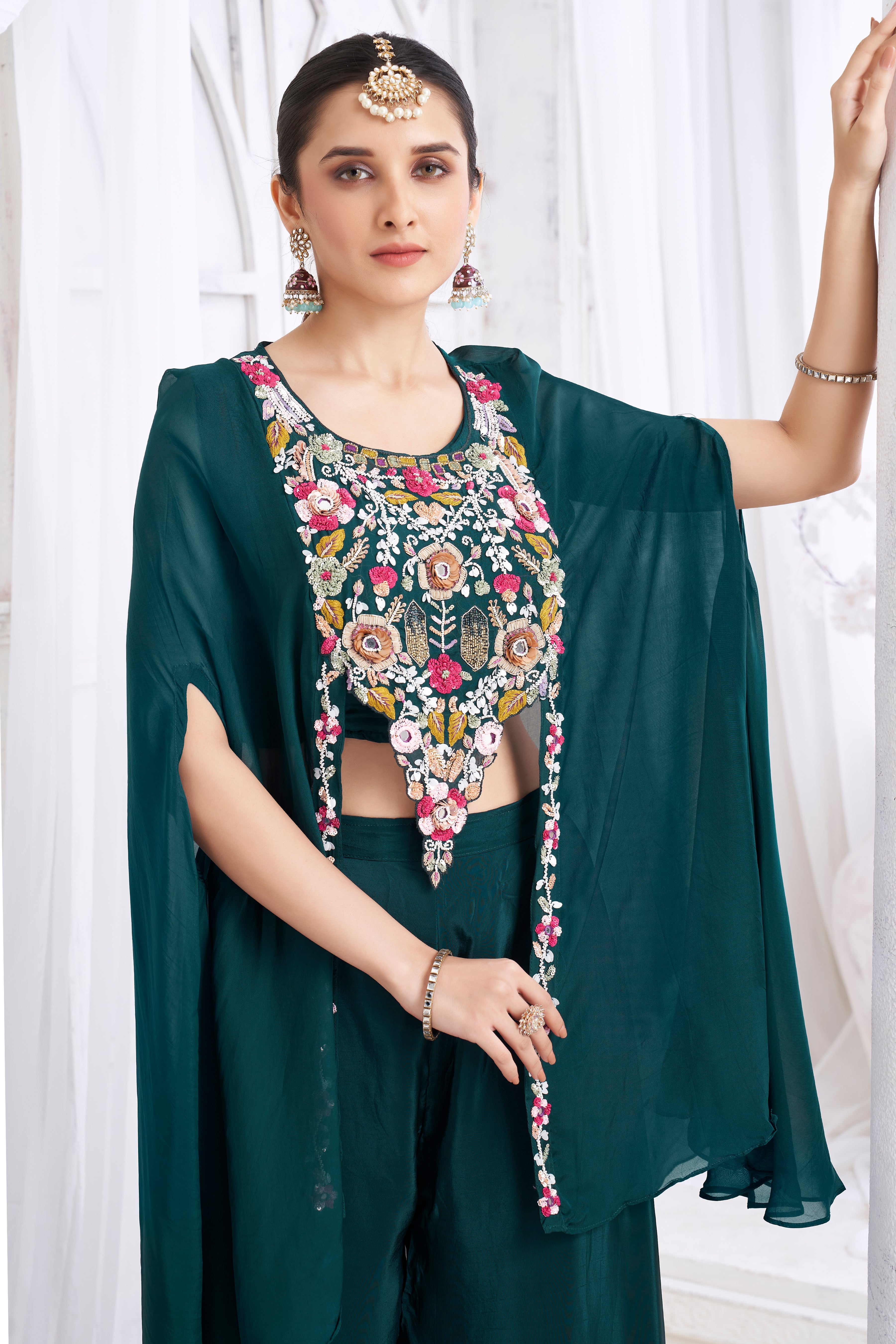 Deep Teal Embellished Crepe Silk Palazzo Set