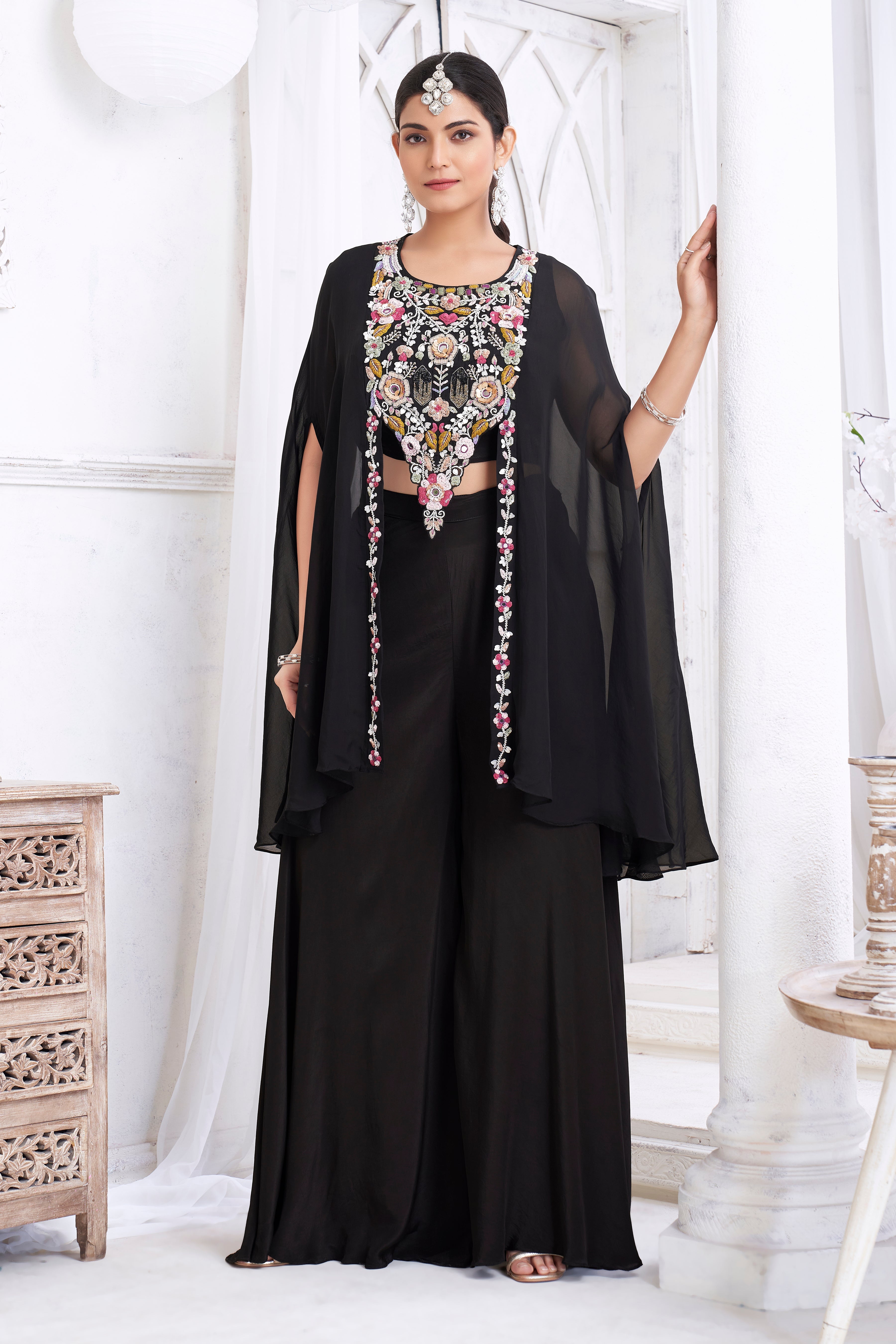 Classic Black Embellished Crepe Silk Palazzo Set