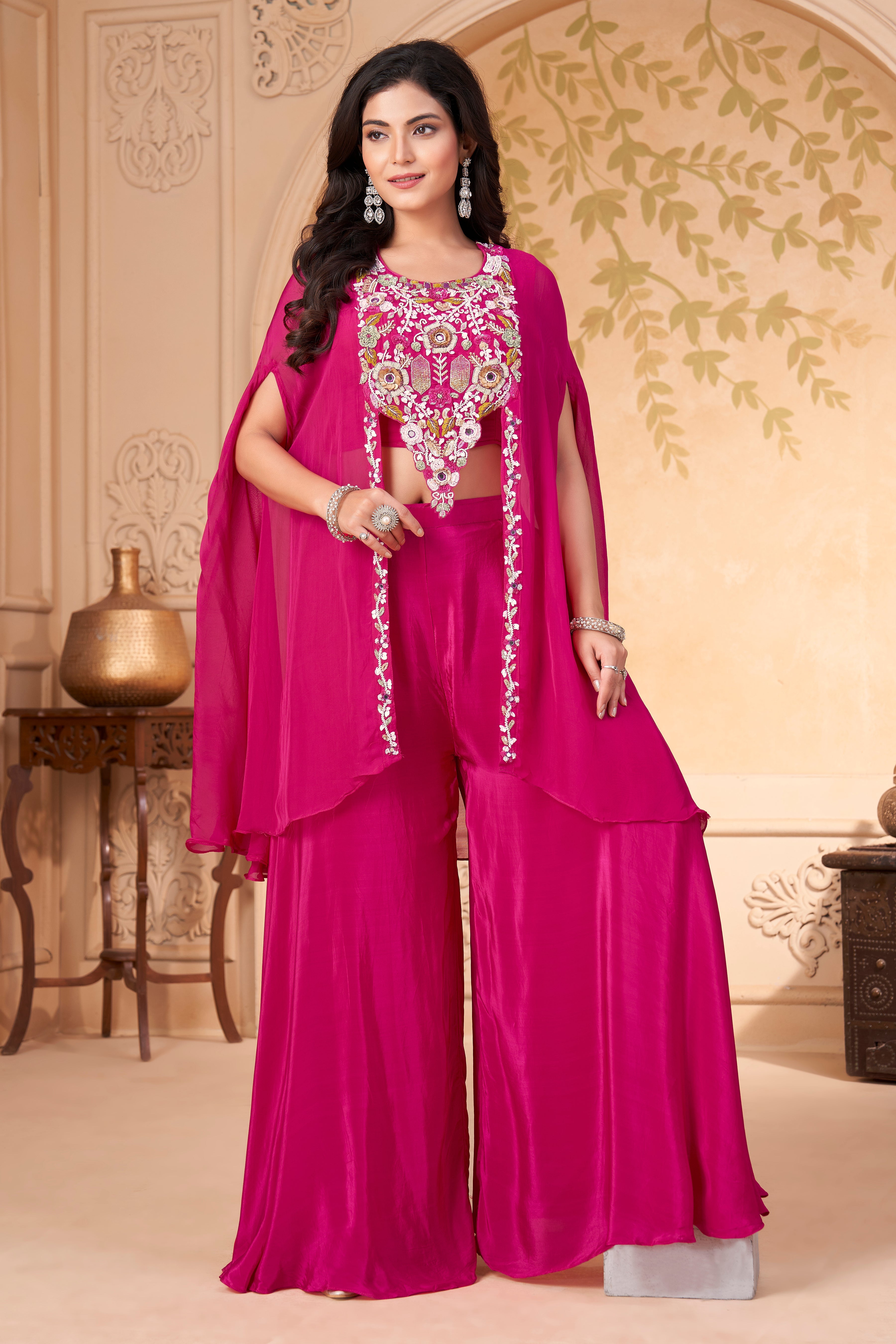 Fuchsia Pink Embellished Crepe Silk Palazzo Set