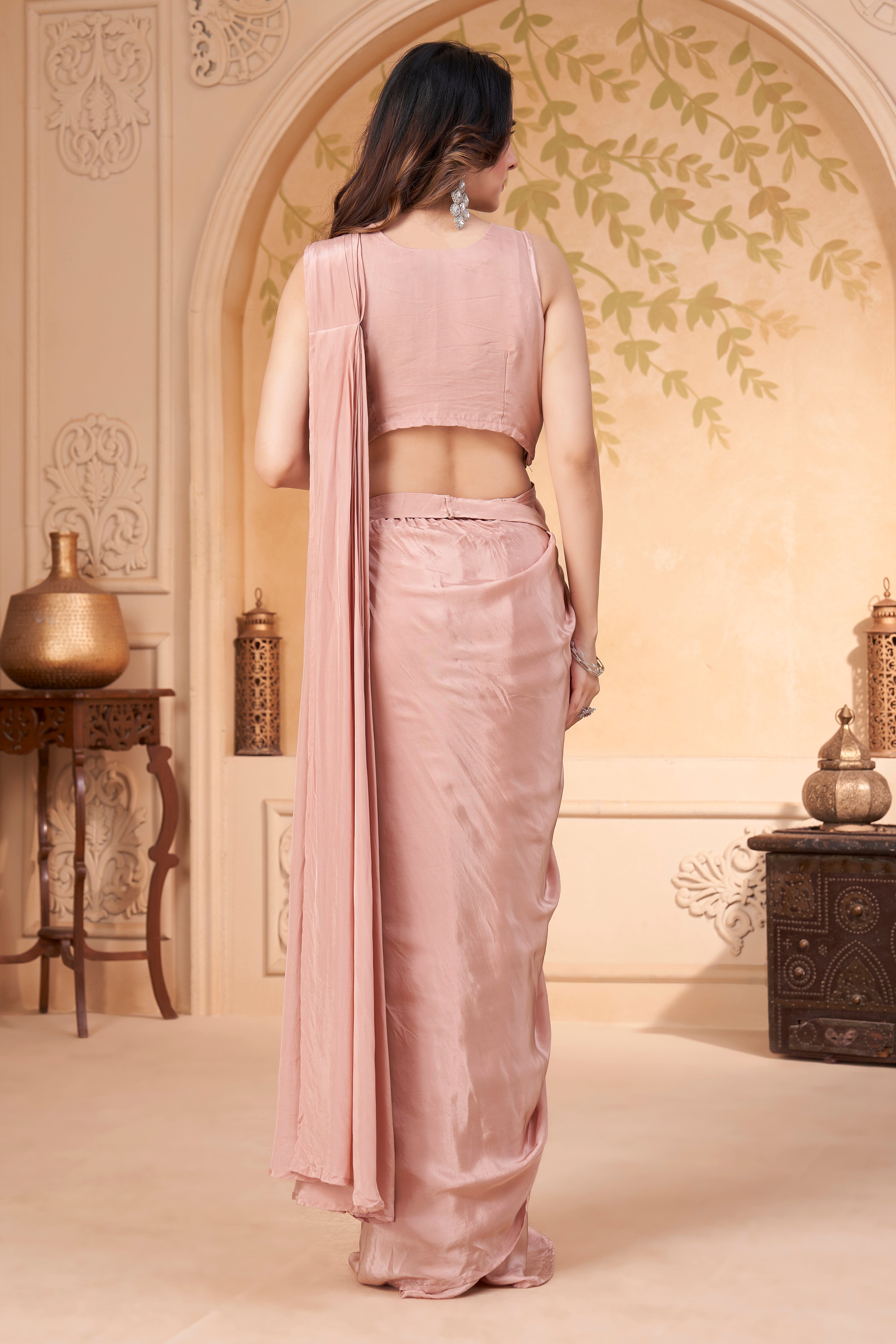 Blush Pink Embellished Crepe Silk Drape Saree