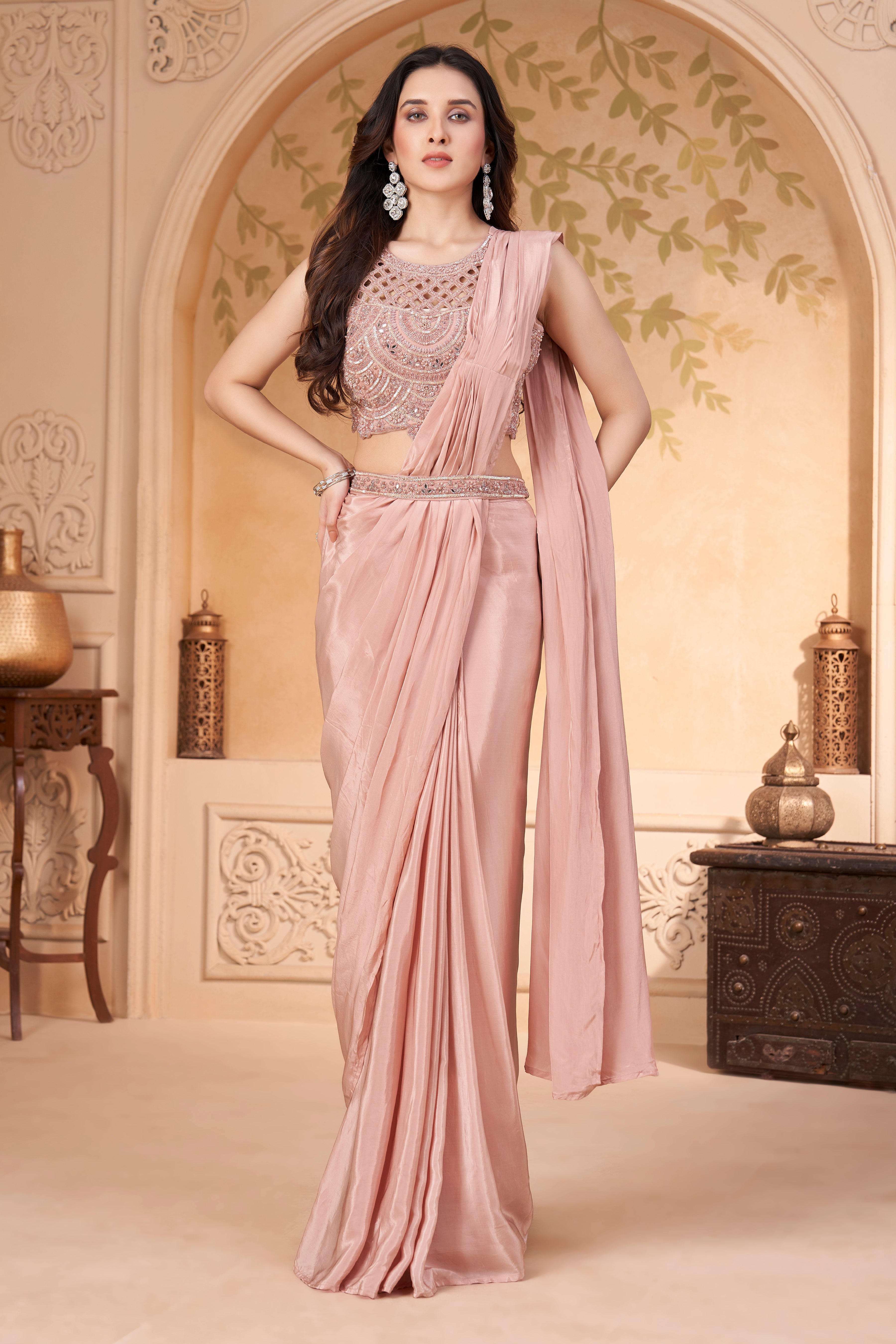 Blush Pink Embellished Crepe Silk Drape Saree