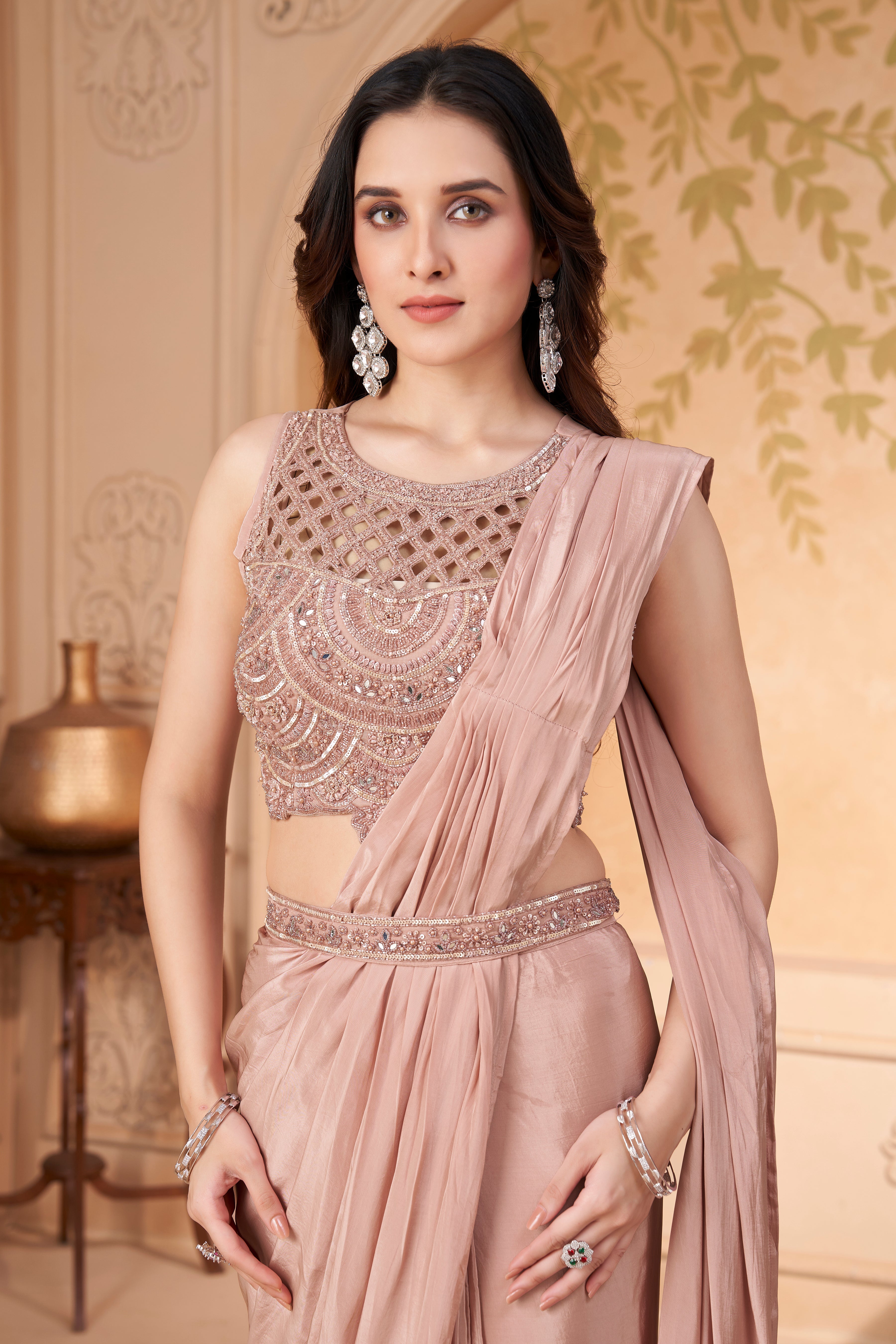 Blush Pink Embellished Crepe Silk Drape Saree
