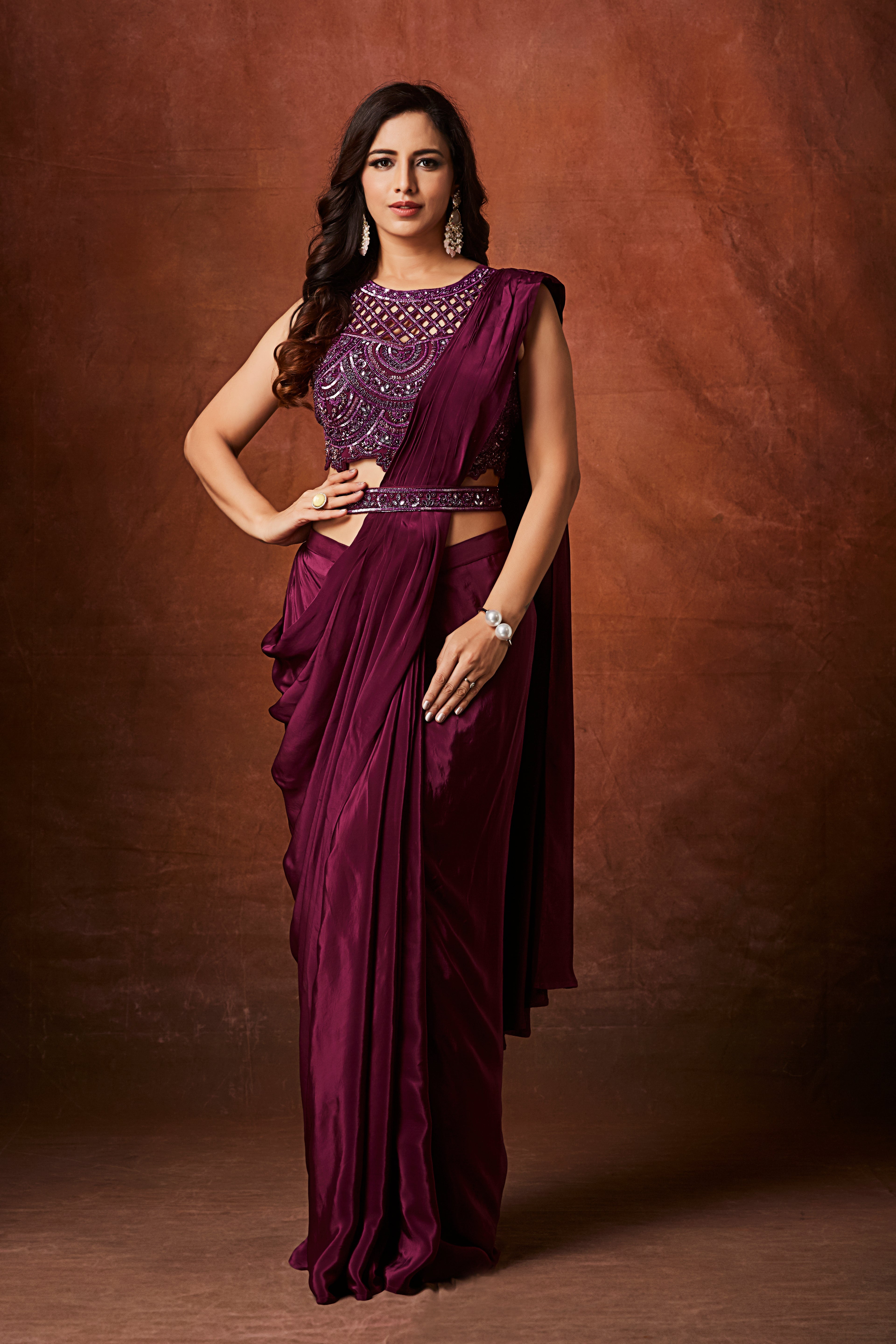 Wine Purple Embellished Crepe Silk Drape Saree