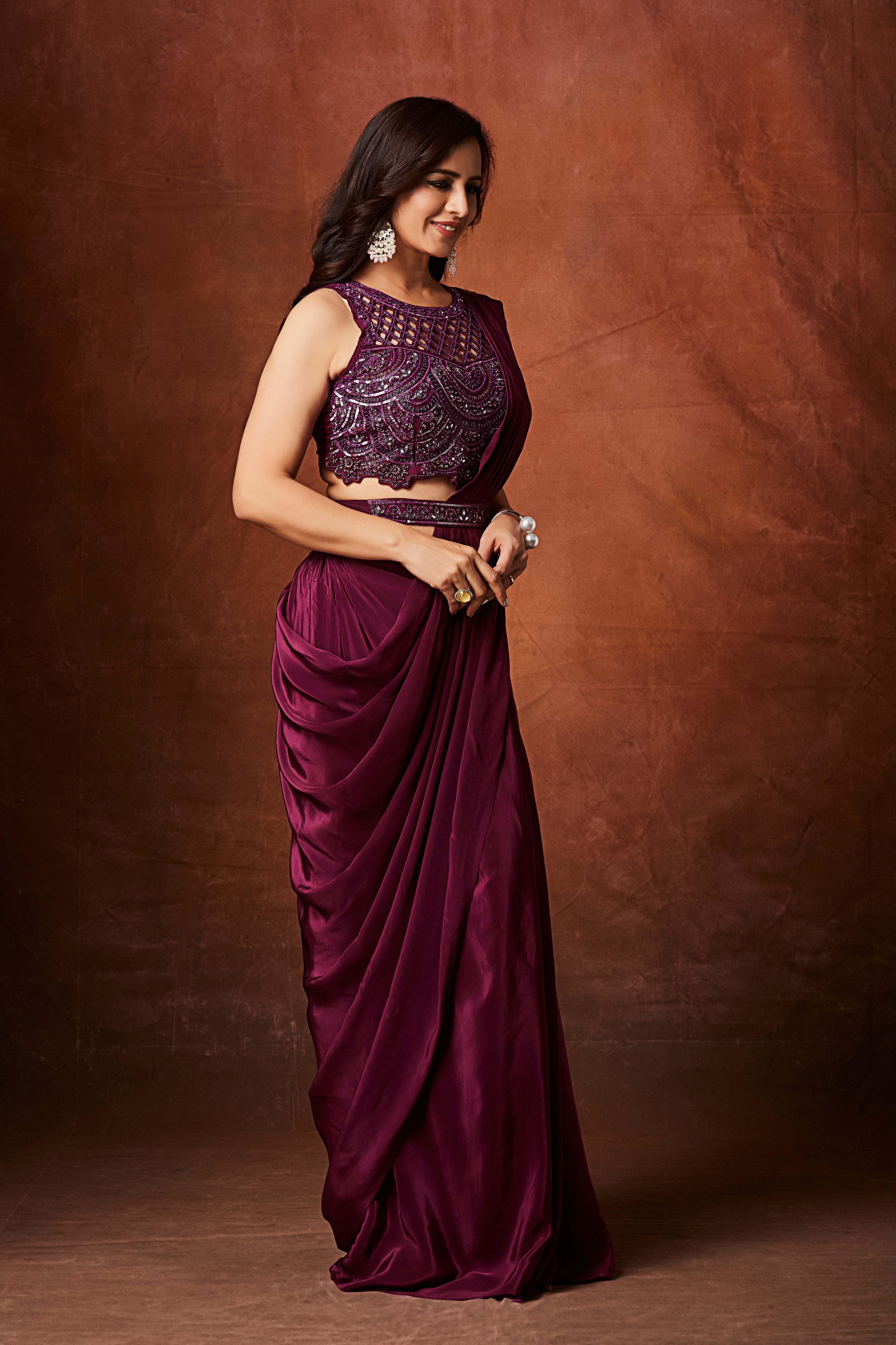 Wine Purple Embellished Crepe Silk Drape Saree