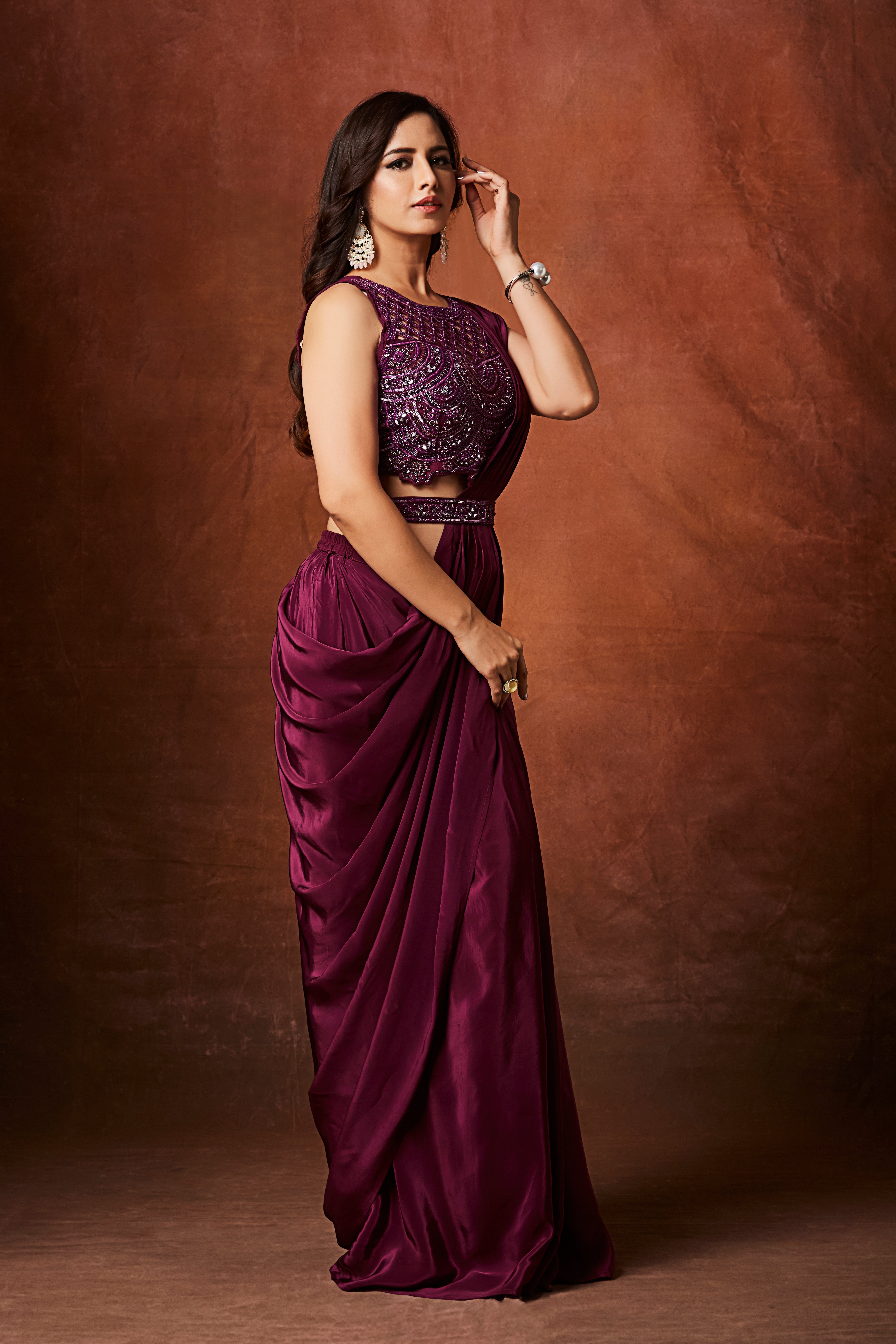 Wine Purple Embellished Crepe Silk Drape Saree