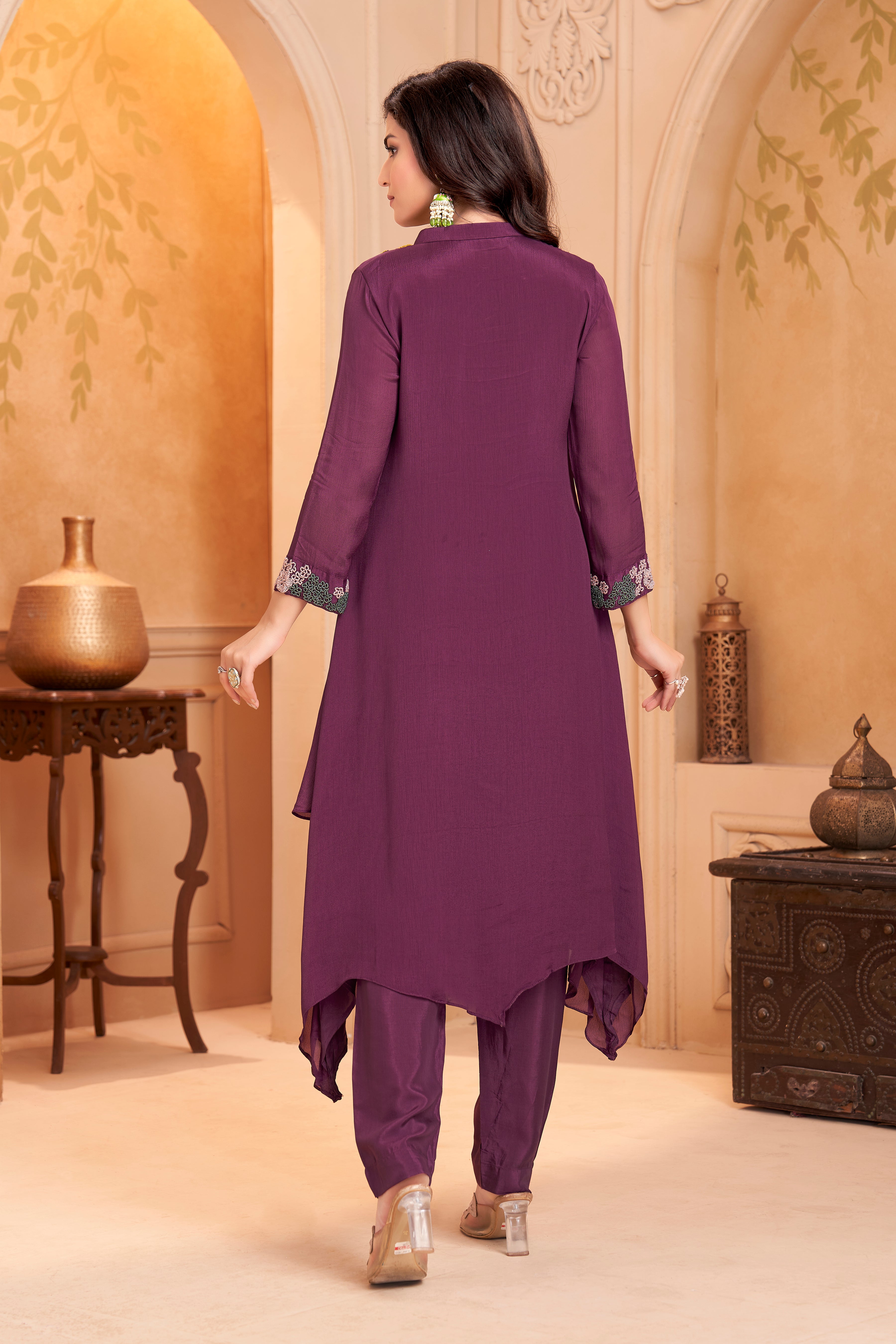 Plum Purple Embellished Chinon Silk Kurta Set