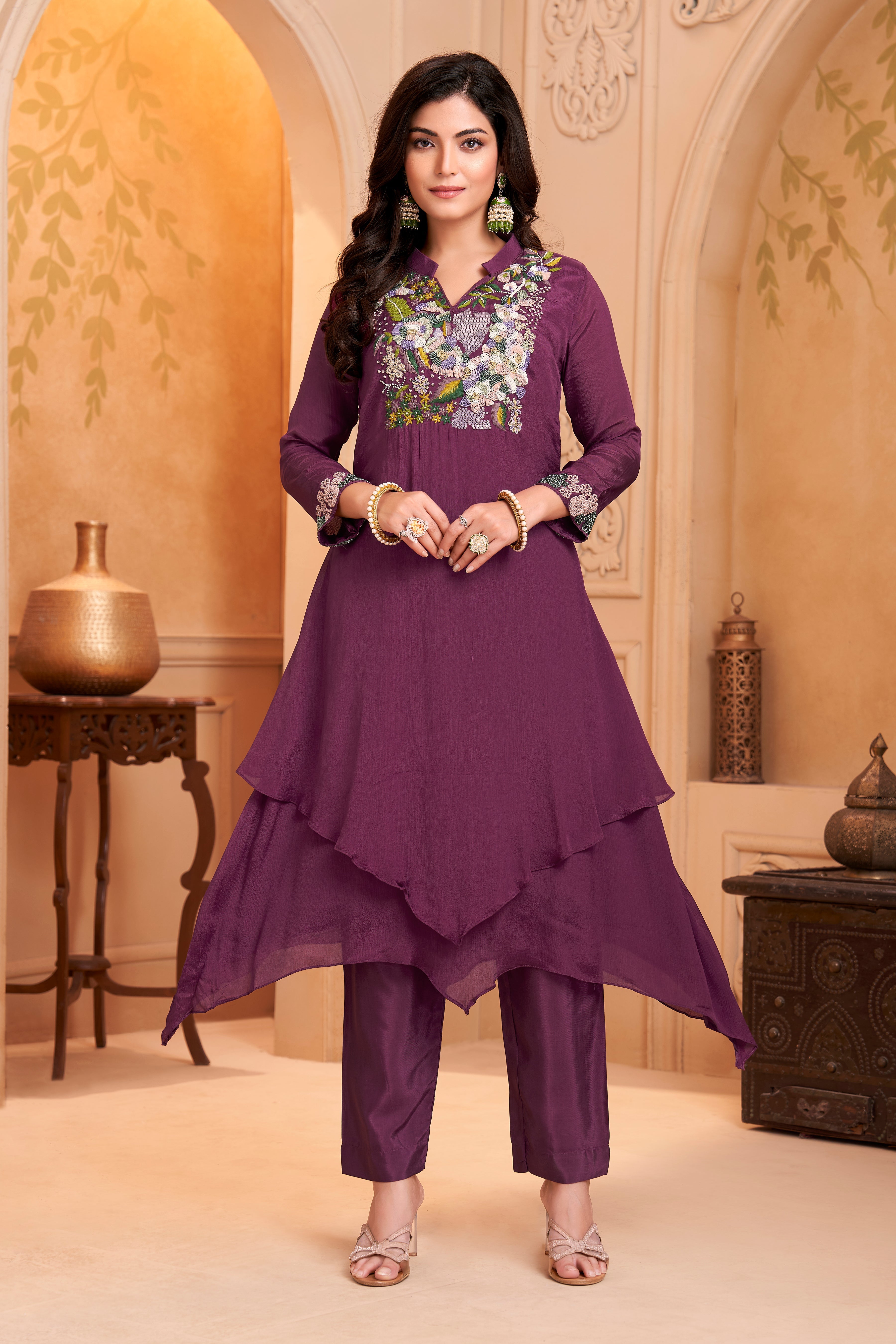 Plum Purple Embellished Chinon Silk Kurta Set