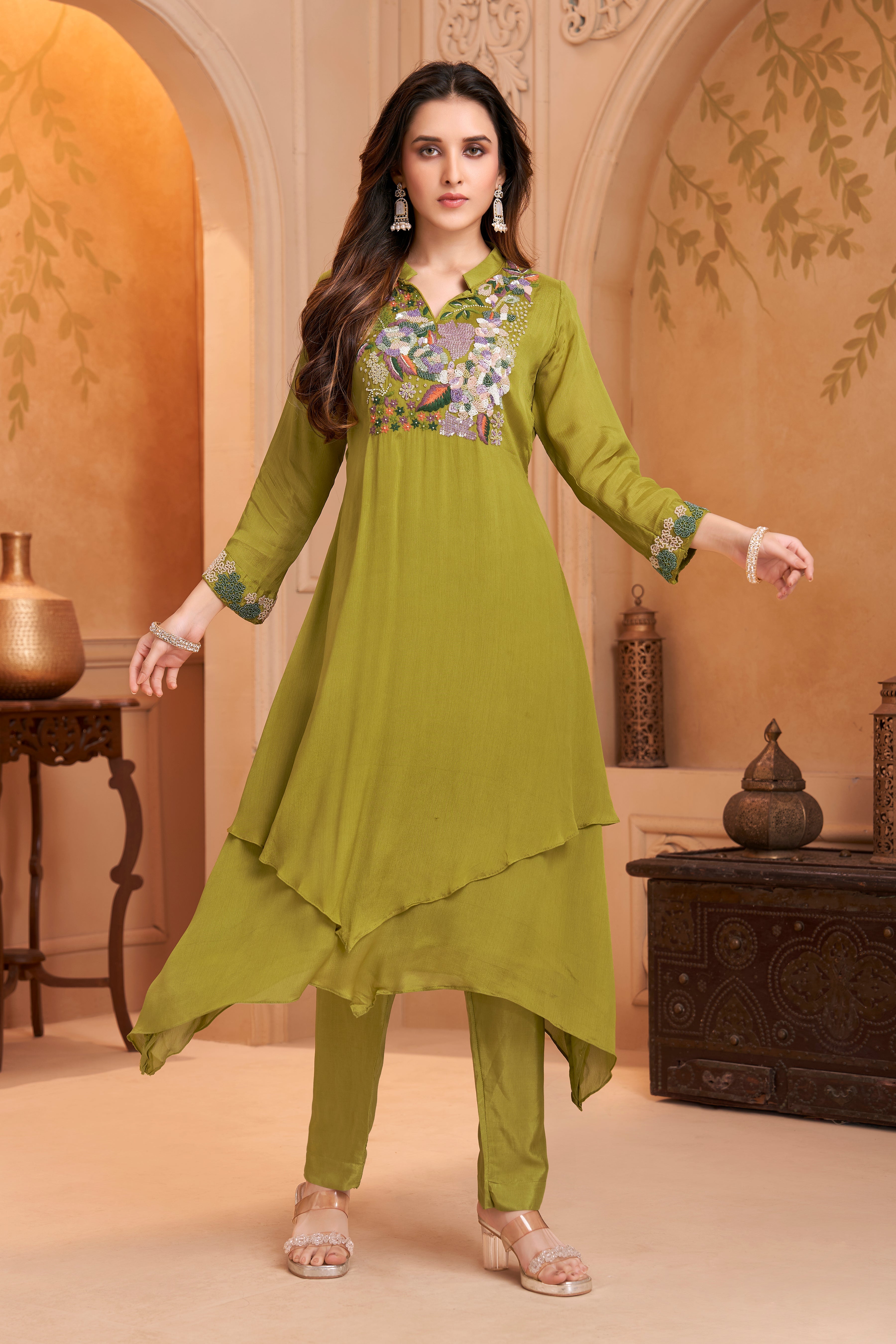 Lime Green Embellished Chinon Silk Kurta Set