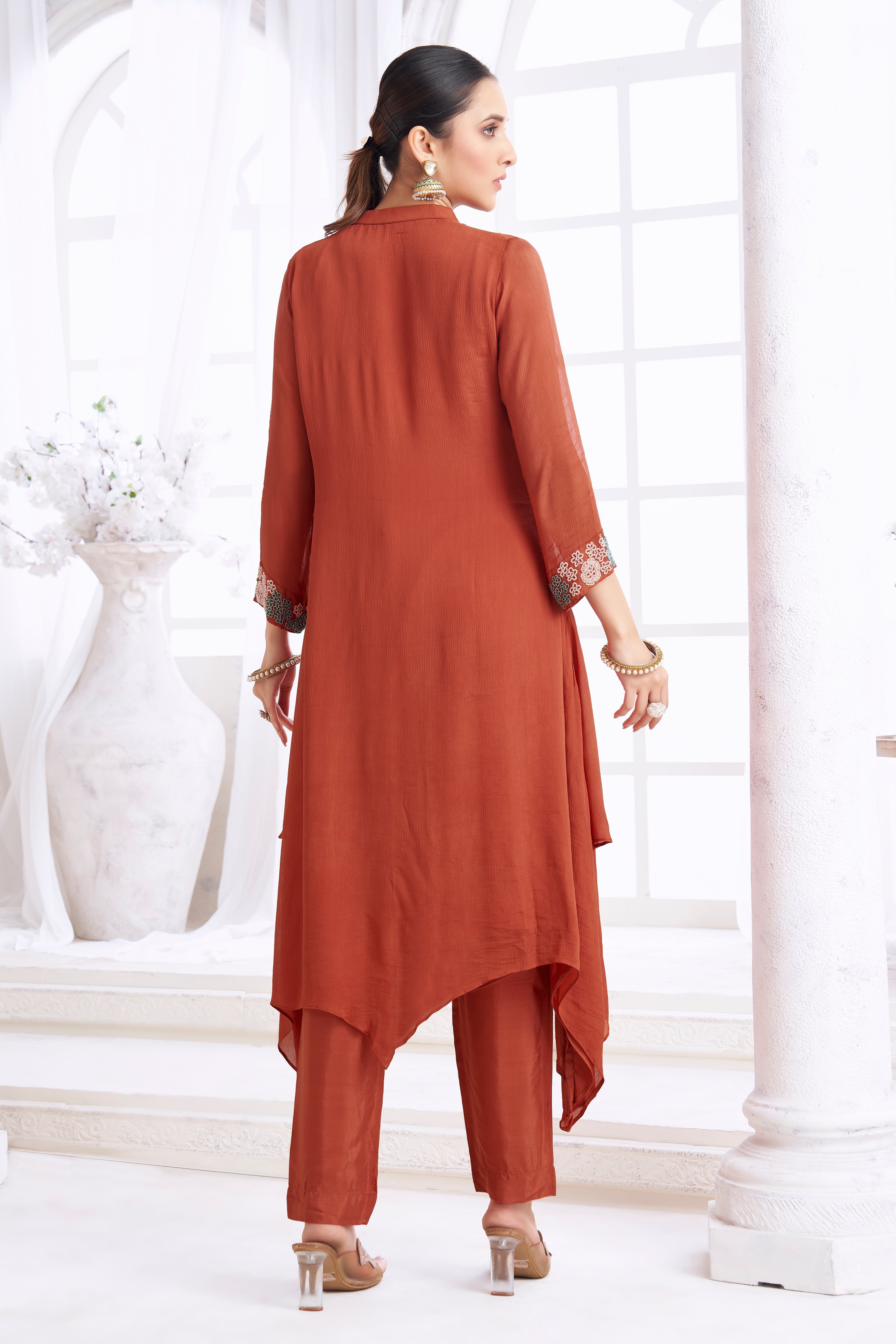 Reddish-Brown Embellished Chinon Silk Kurta Set