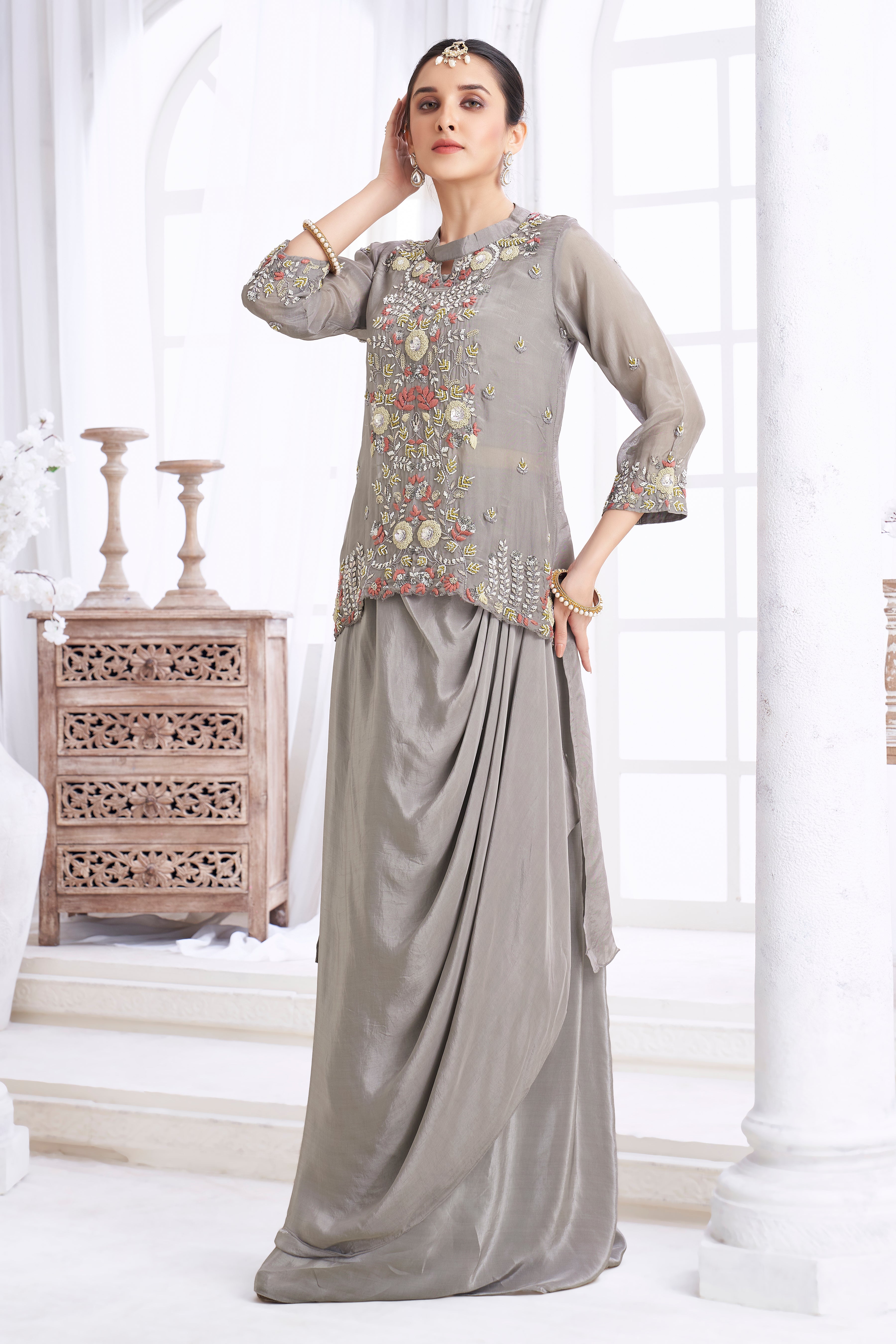 Stone Grey Embellished Crepe Silk Skirt Set