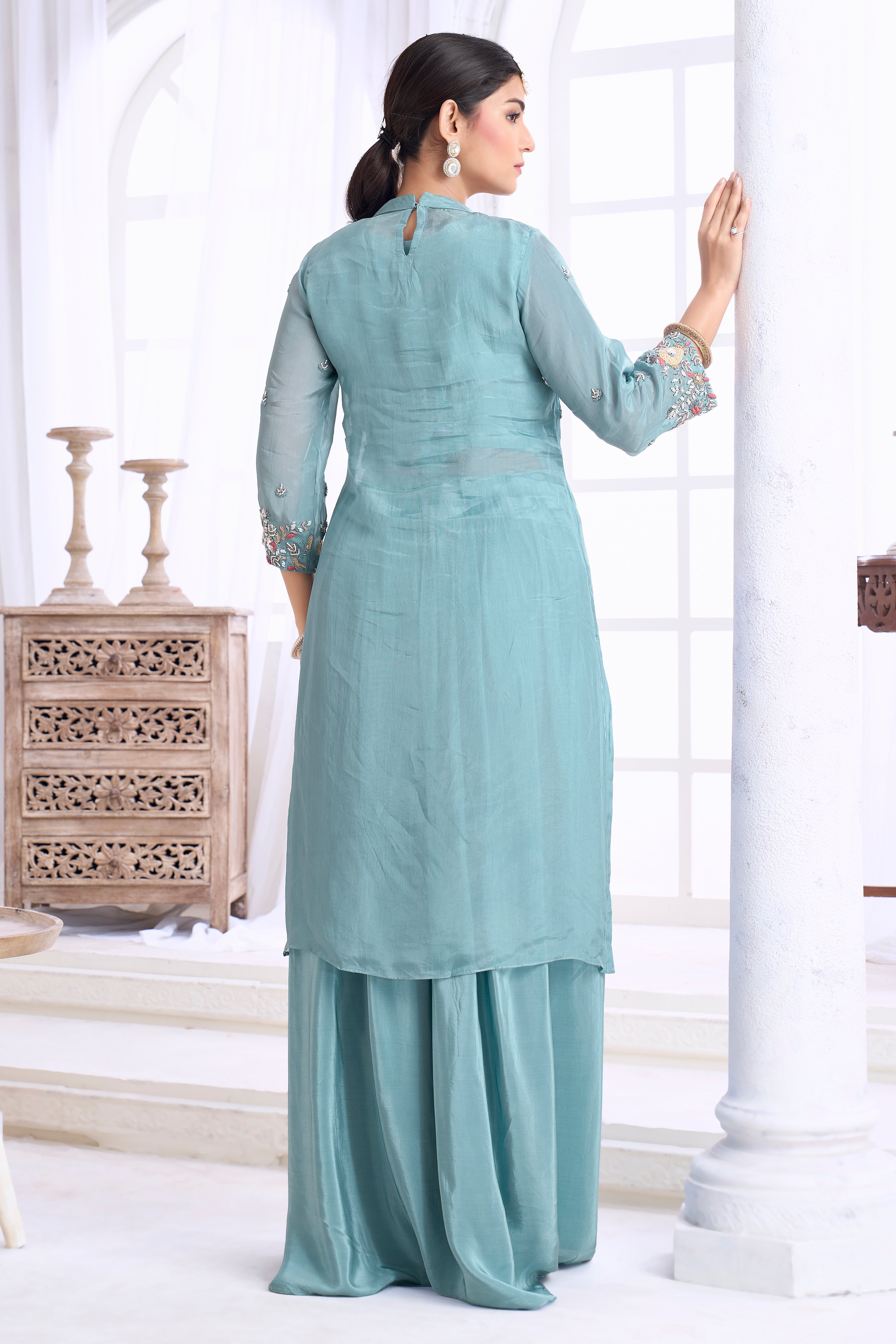 Dusty Blue Embellished Crepe Silk Skirt Set