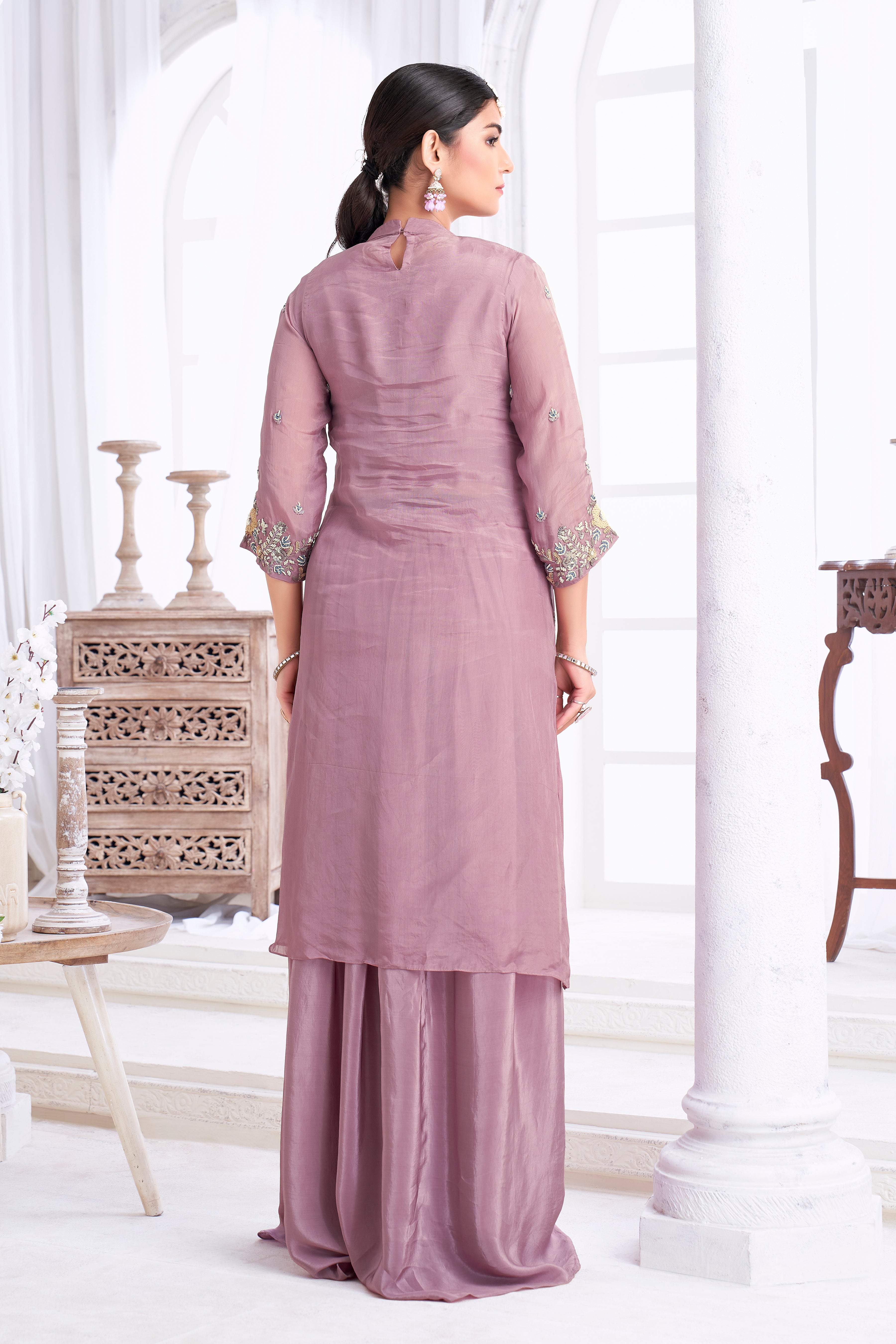 Smoky Lilac Embellished Crepe Silk Skirt Set