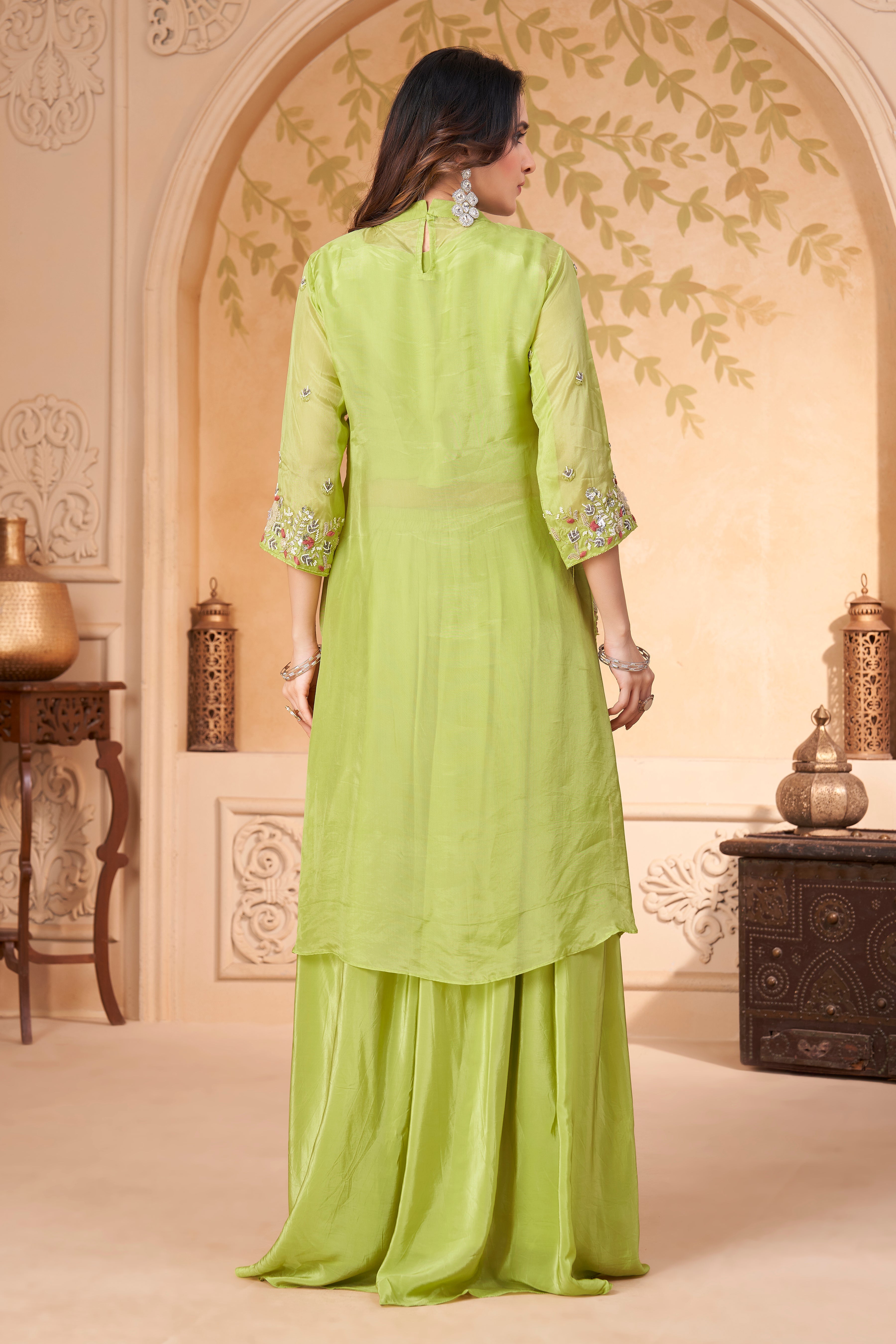 Zesty Green Embellished Crepe Silk Skirt Set
