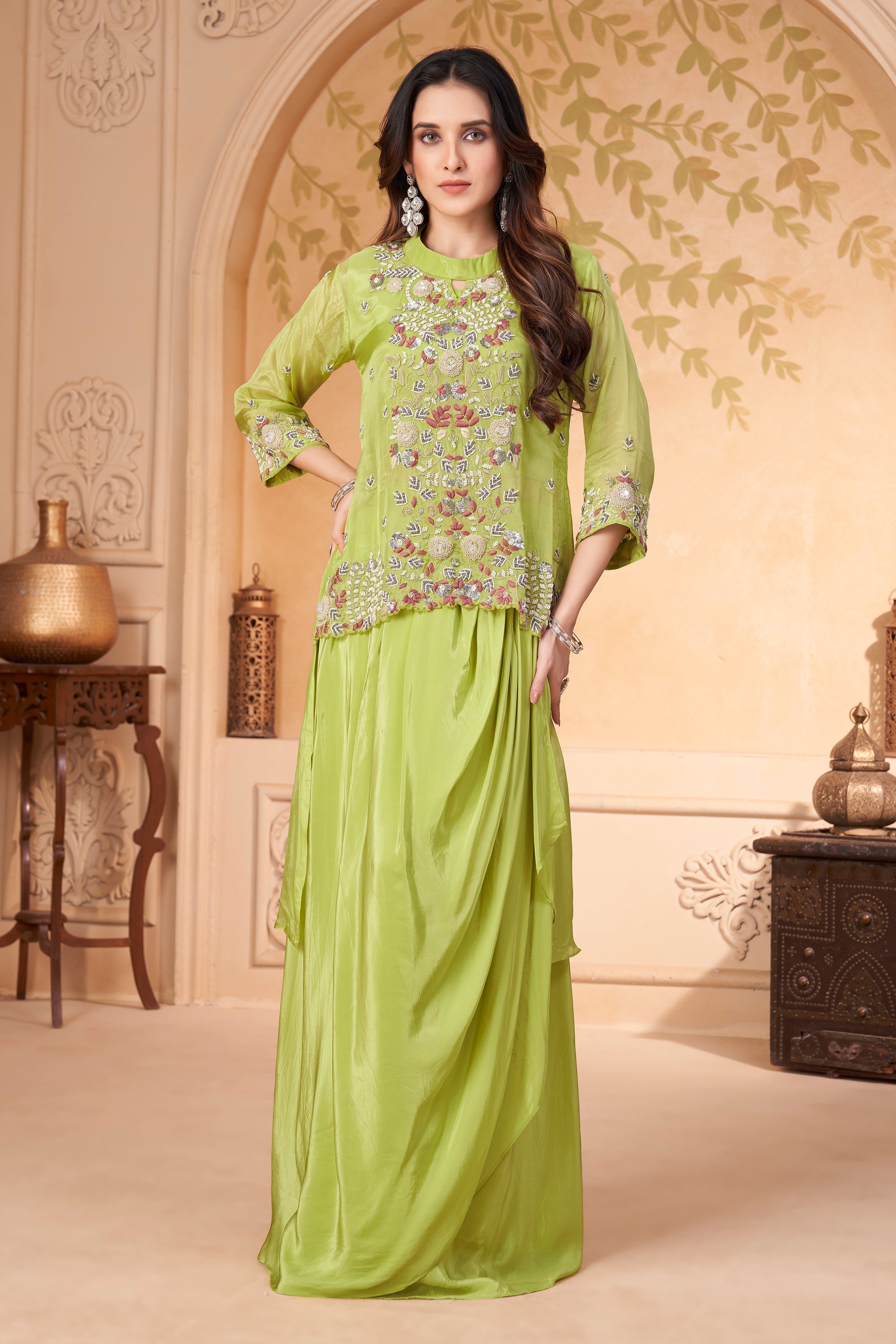 Zesty Green Embellished Crepe Silk Skirt Set