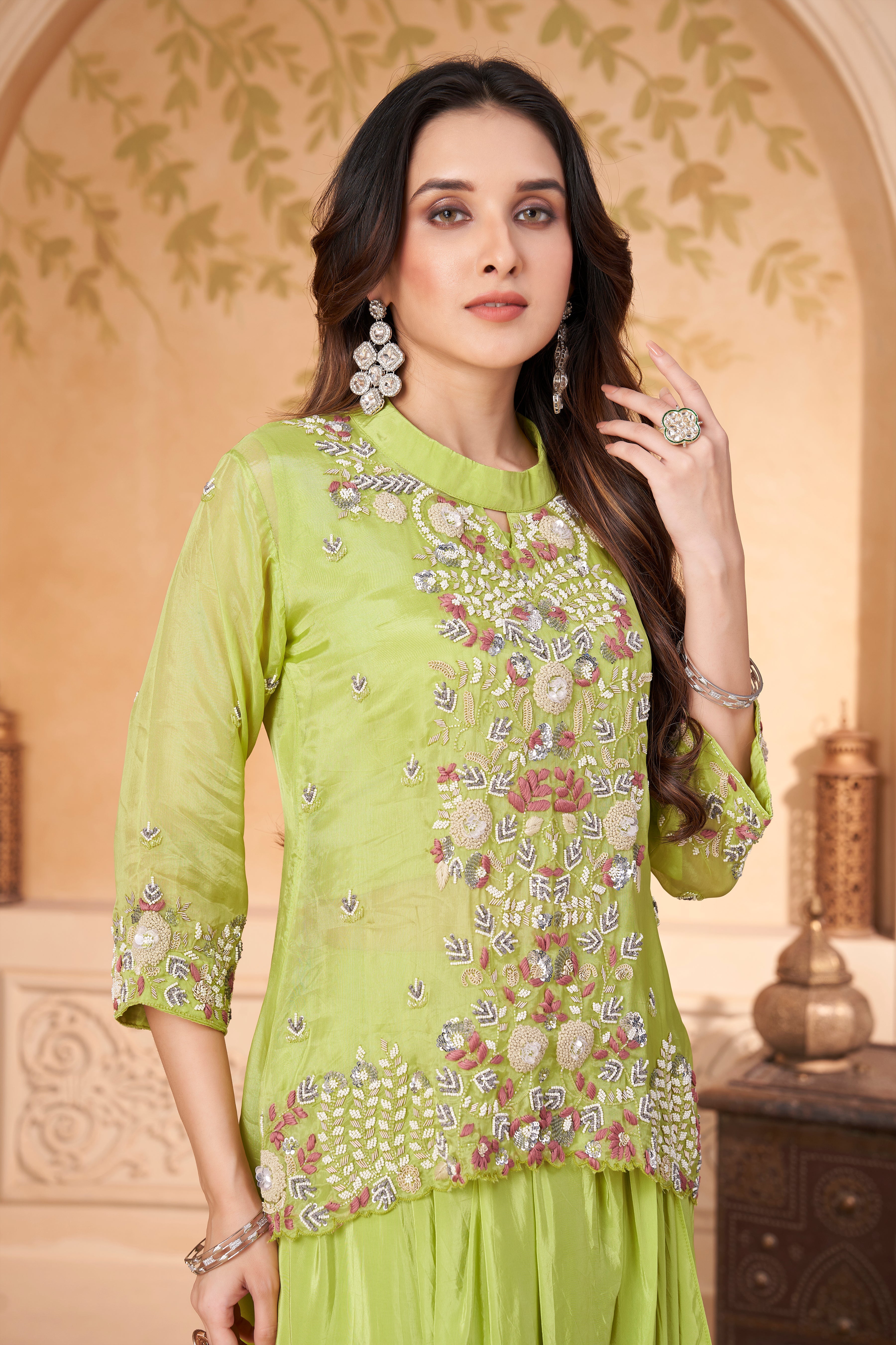 Zesty Green Embellished Crepe Silk Skirt Set