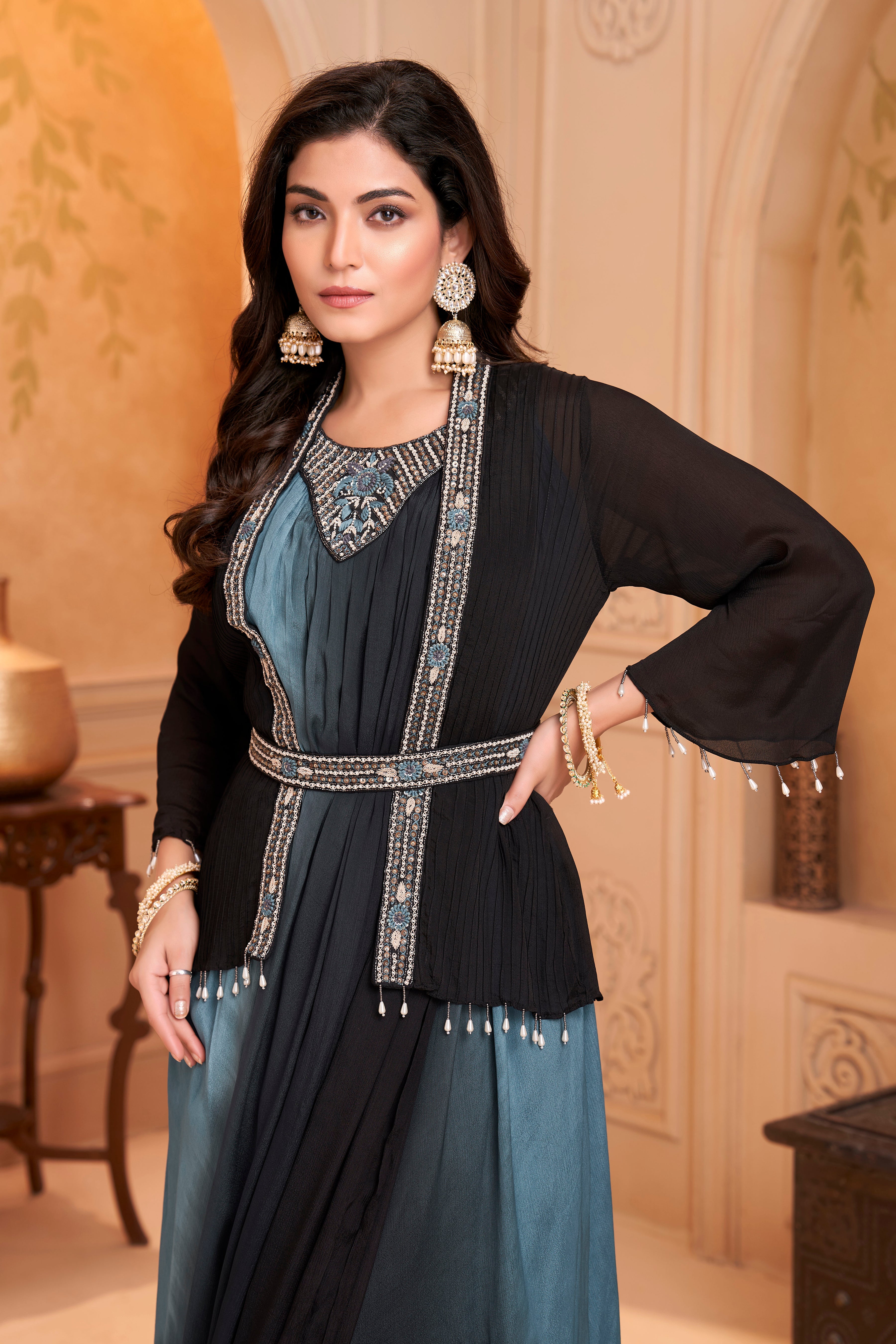 Slate Blue Embellished Chinon Silk Drape Dress