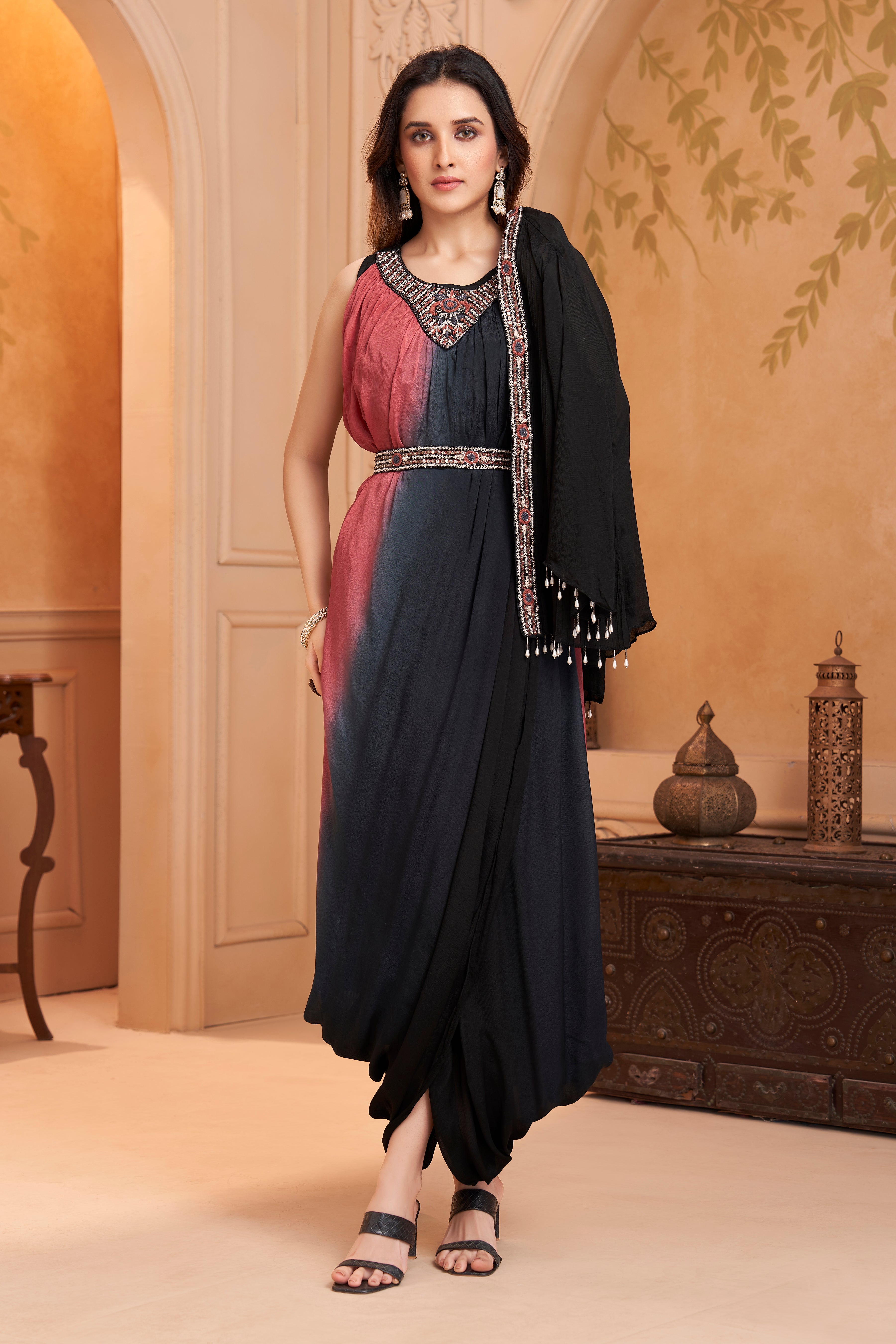 Dusty Wine Embellished Chinon Silk Drape Dress