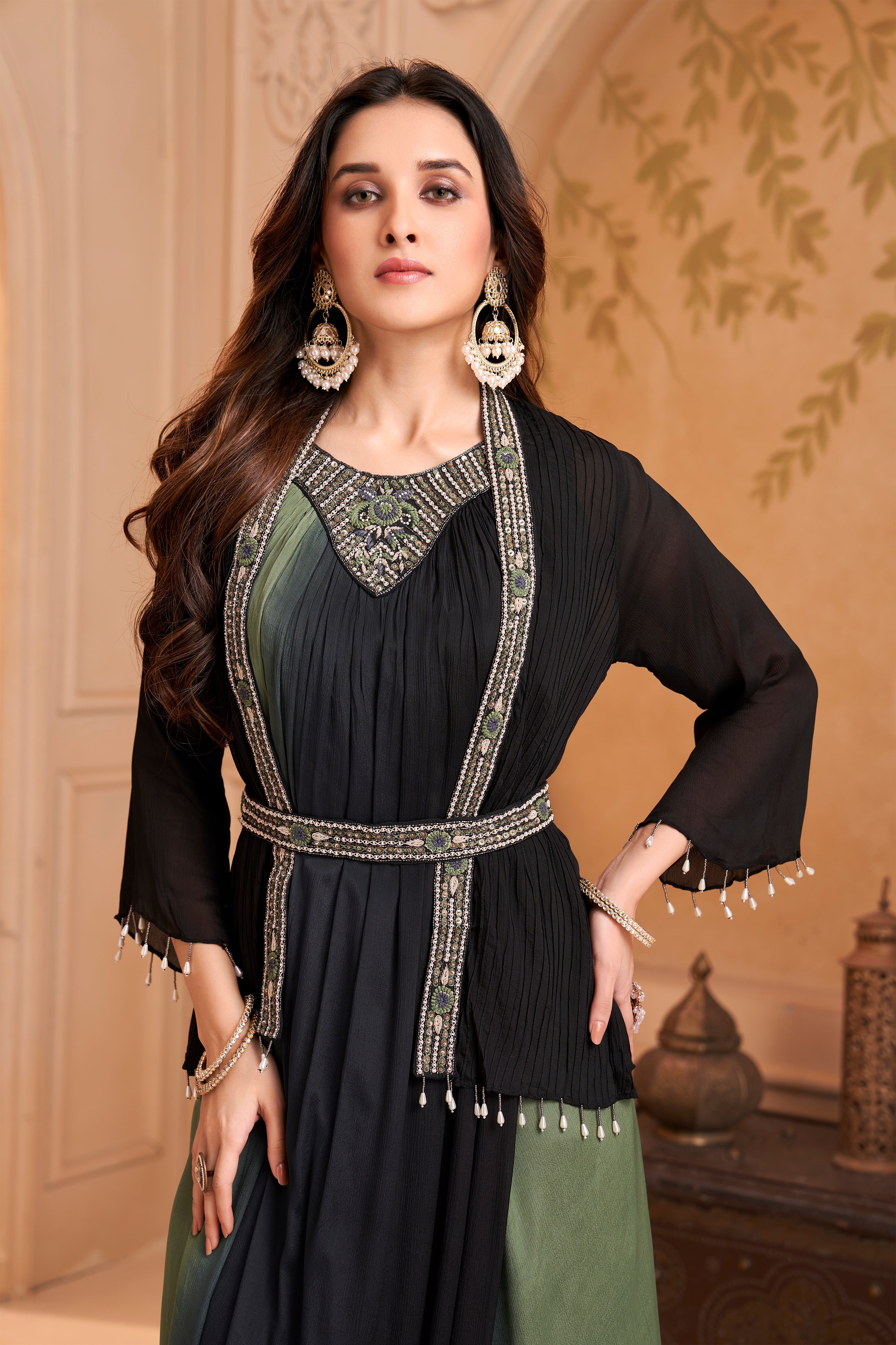 Moss Green Embellished Chinon Silk Drape Dress