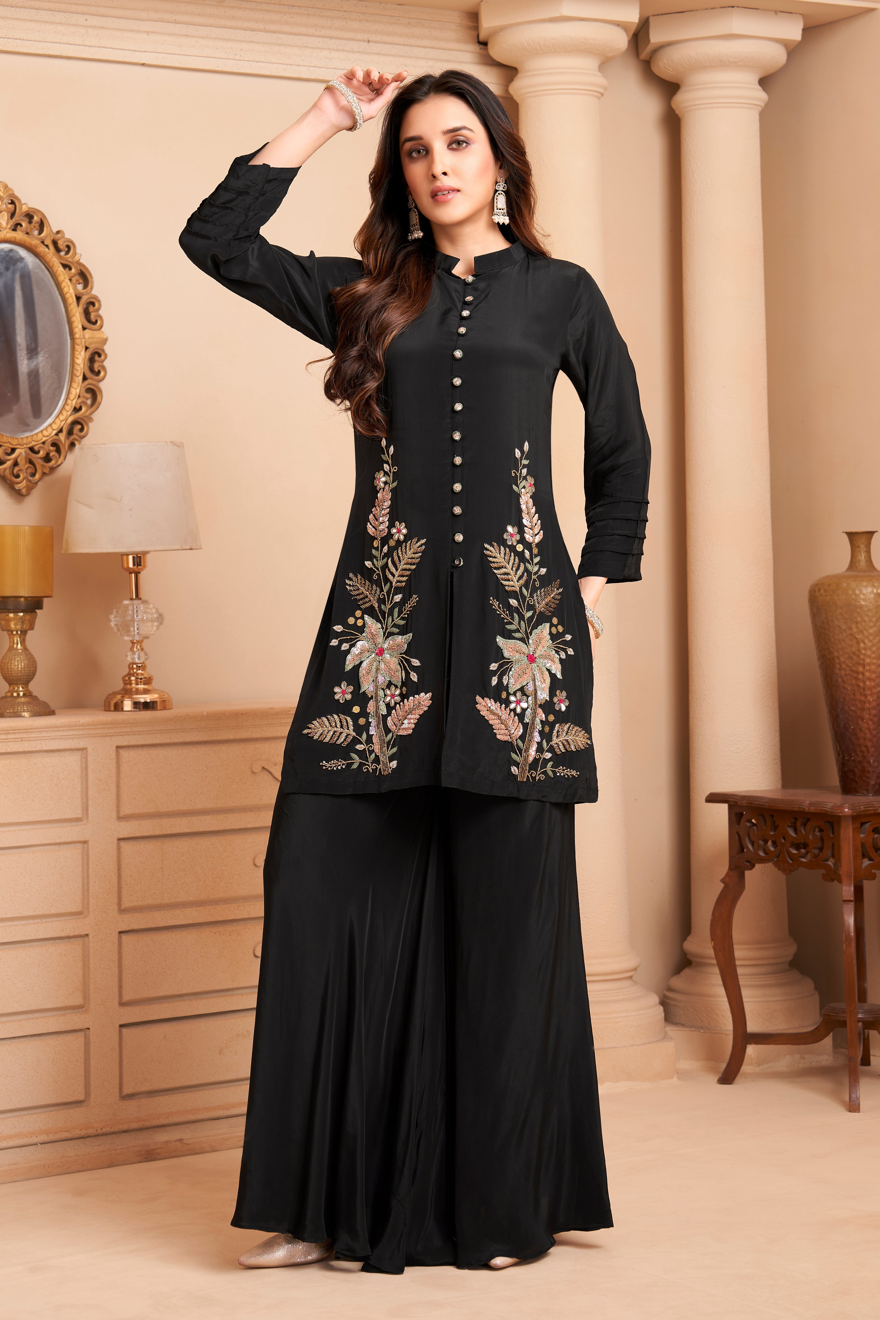 Coal Black Embellished Crepe Silk Palazzo Set